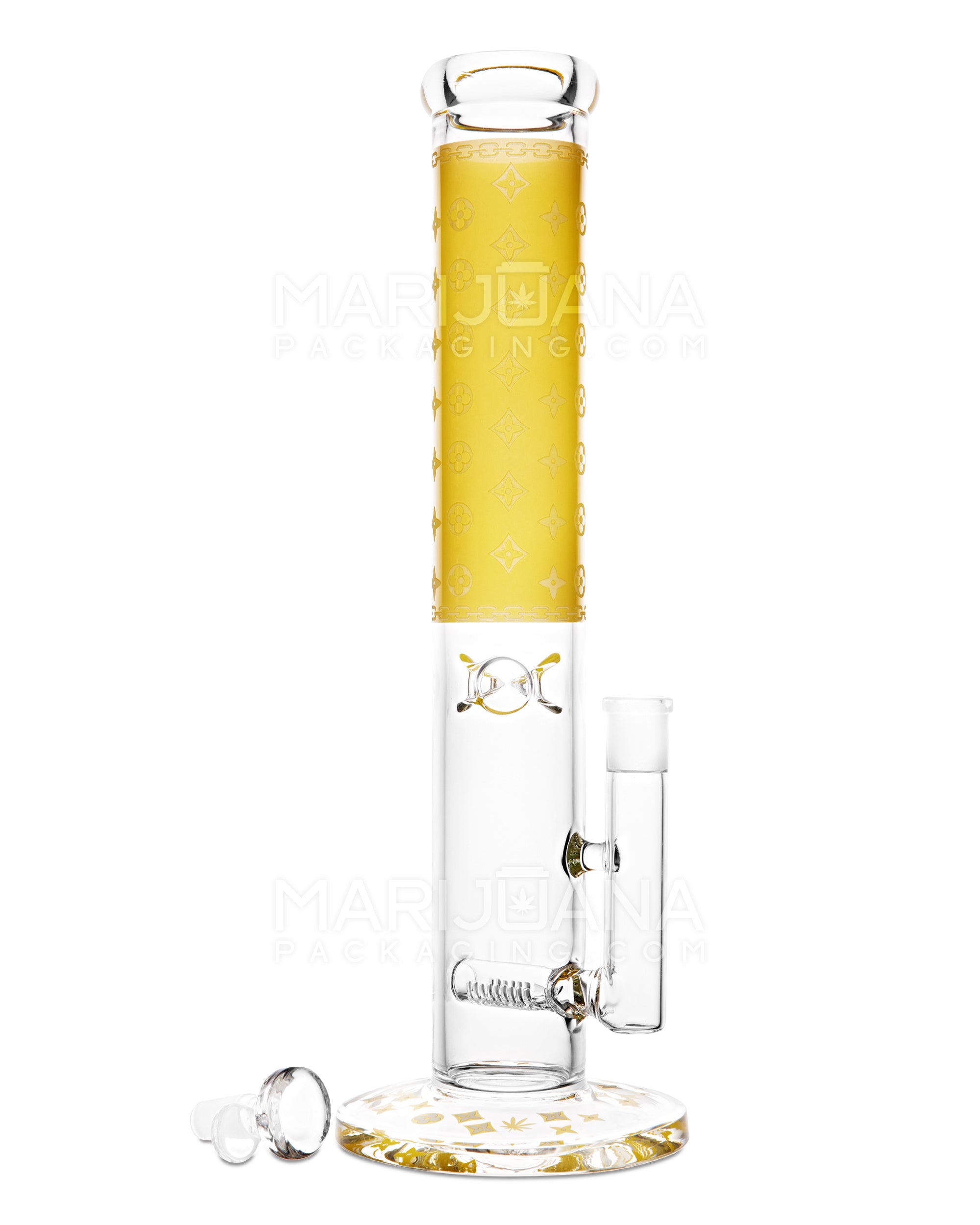 Straight Neck Luxury Design Inline Perc Glass Water Pipe w/ Ice Catcher | 14in Tall - 14mm Bowl - Yellow - 2