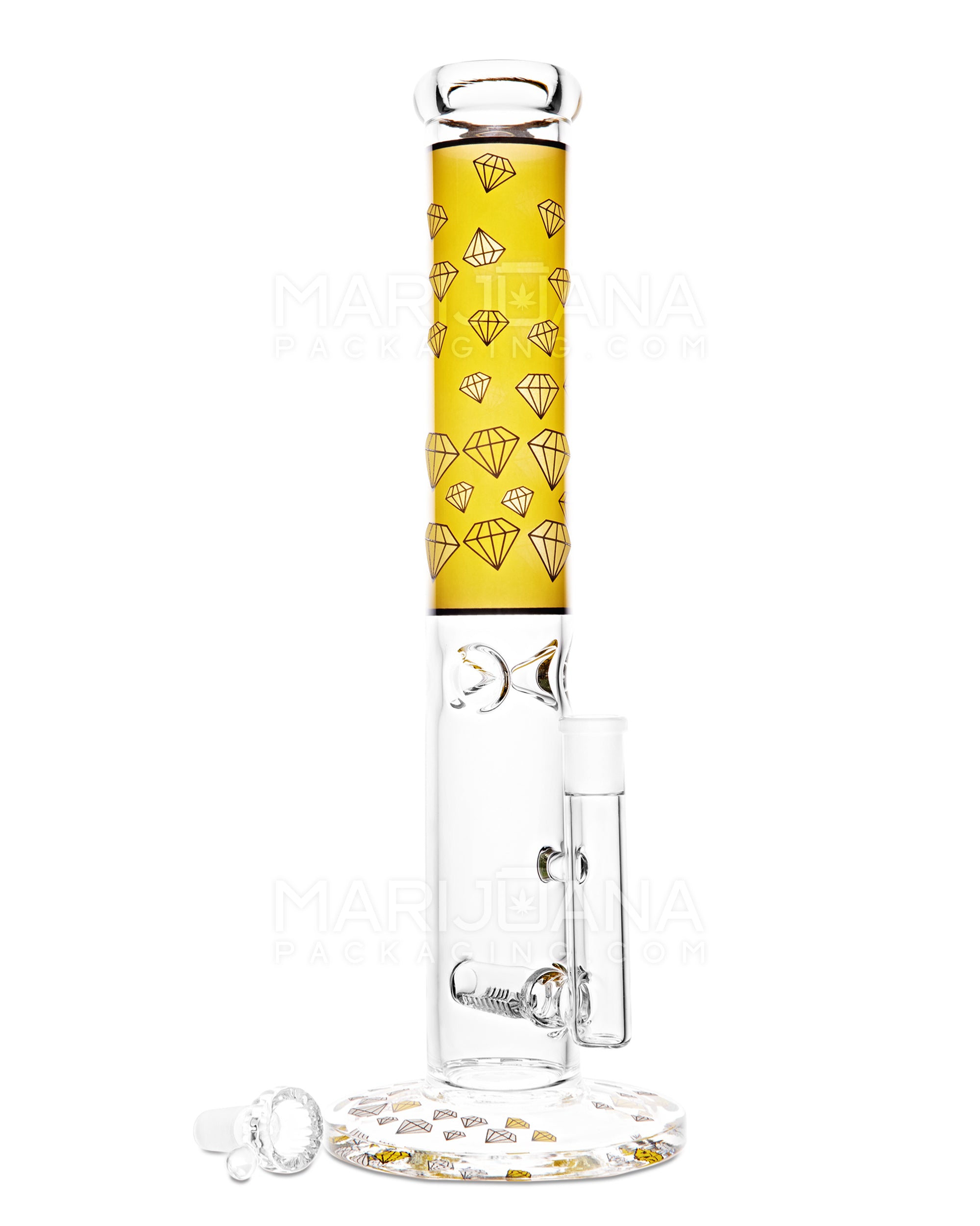 Straight Neck Diamond Decal Inline Perc Glass Water Pipe w/ Ice Catcher | 14in Tall - 14mm Bowl - Yellow - 2