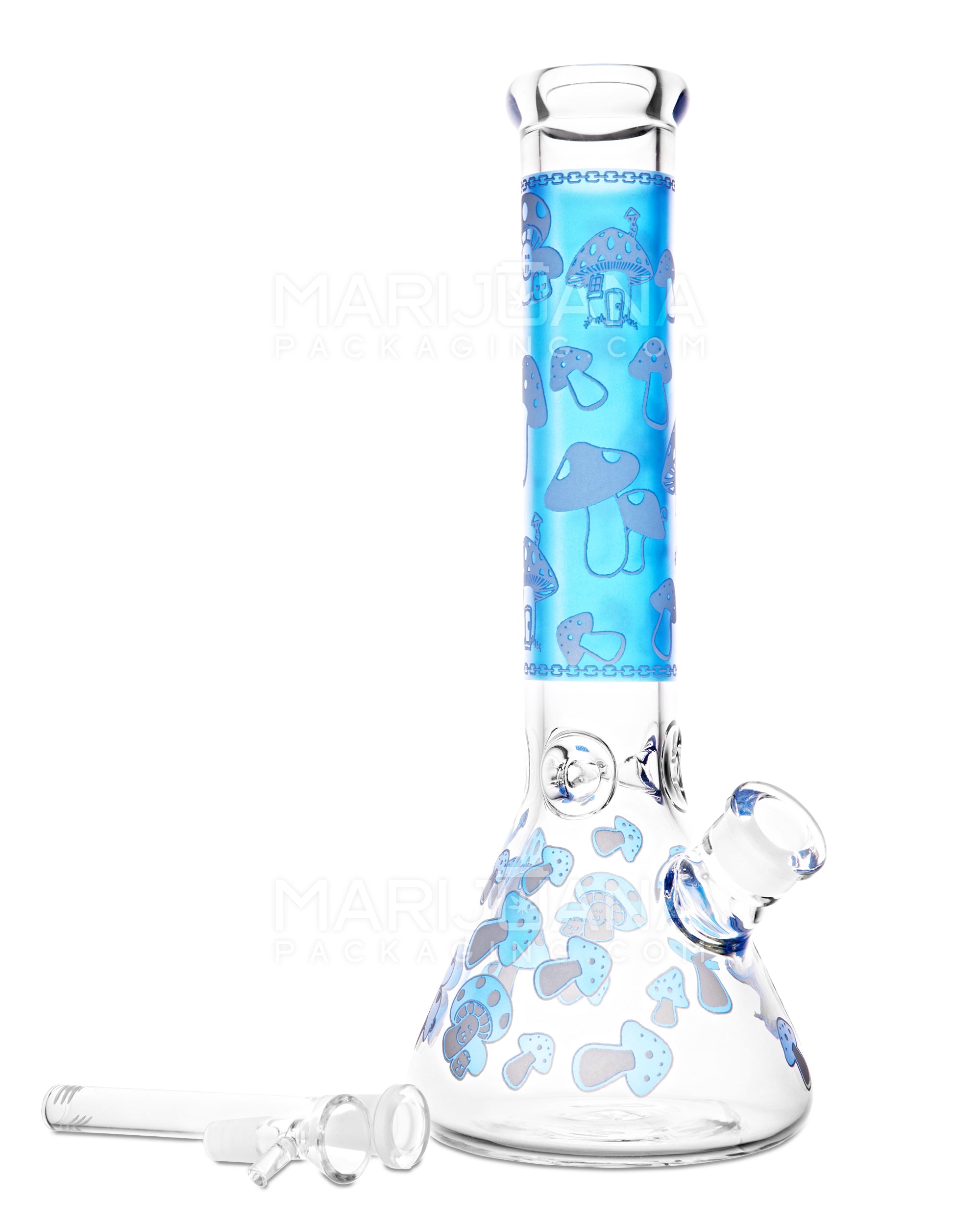 Straight Neck Mushroom Decal Glass Beaker Water Pipe w/ Ice Catcher | 14in Tall - 18mm Bowl - Blue - 2