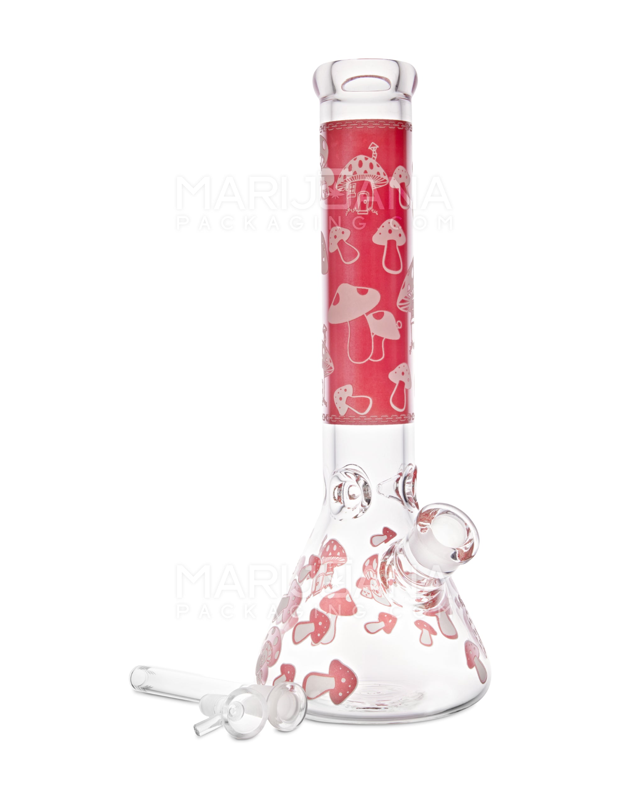 Straight Neck Mushroom Decal Glass Beaker Water Pipe w/ Ice Catcher | 14in Tall - 14mm Bowl - Red