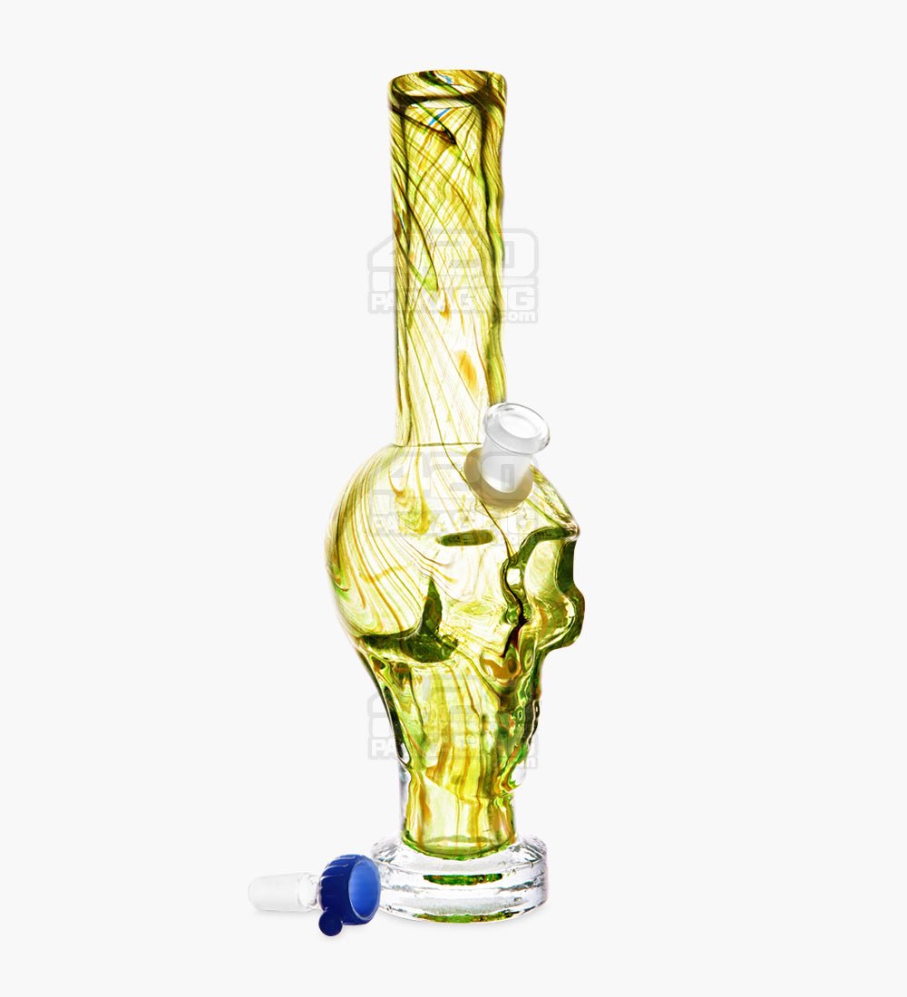Straight Neck Sculpted Skull Glass Water Pipe w/ Thick Base | 12in Tall - 14mm Bowl - Assorted - 4