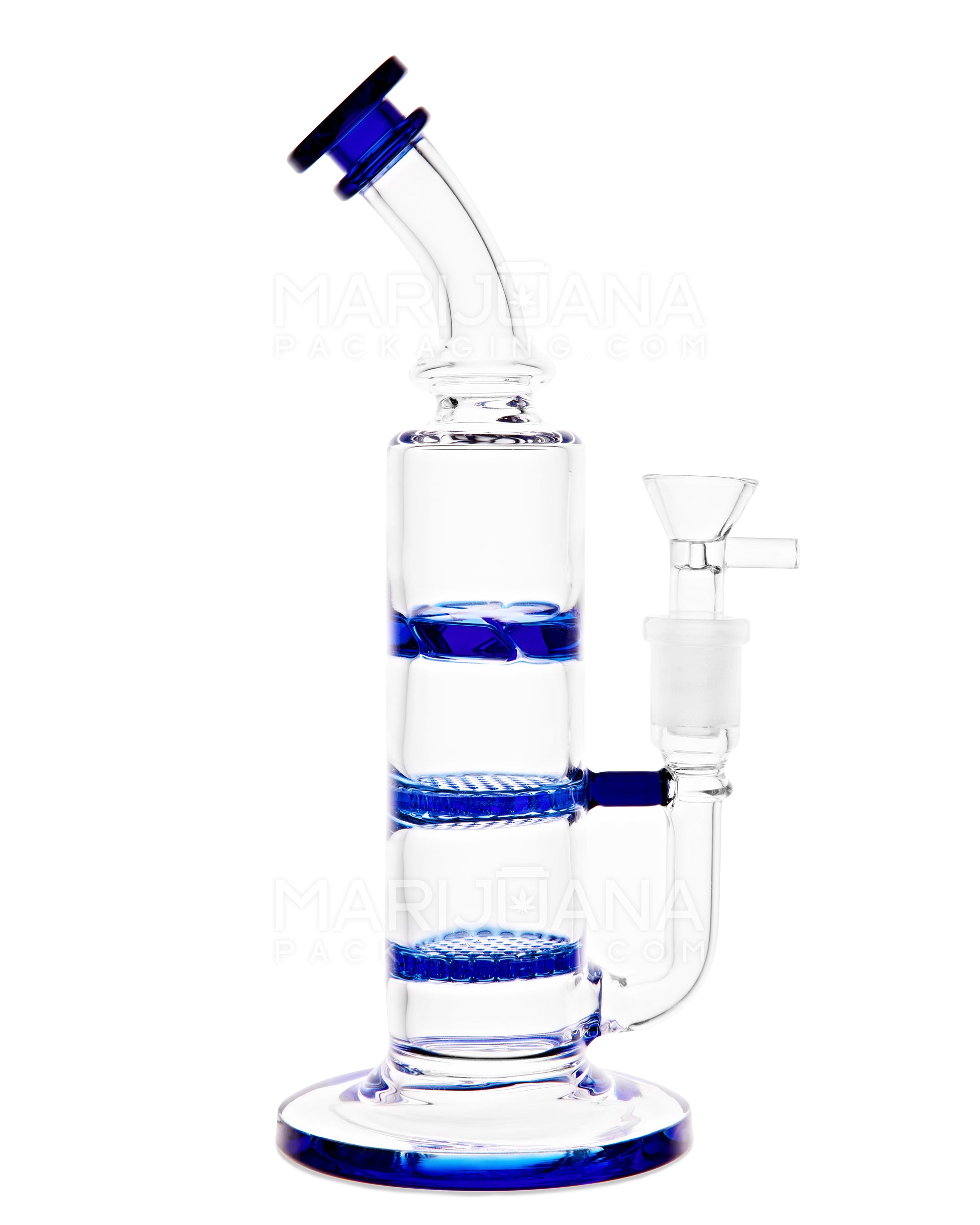 Bent Neck Triple Honeycomb Perc Glass Water Pipe w/ Thick Base | 9.5in Tall - 14mm Bowl - Blue - 1