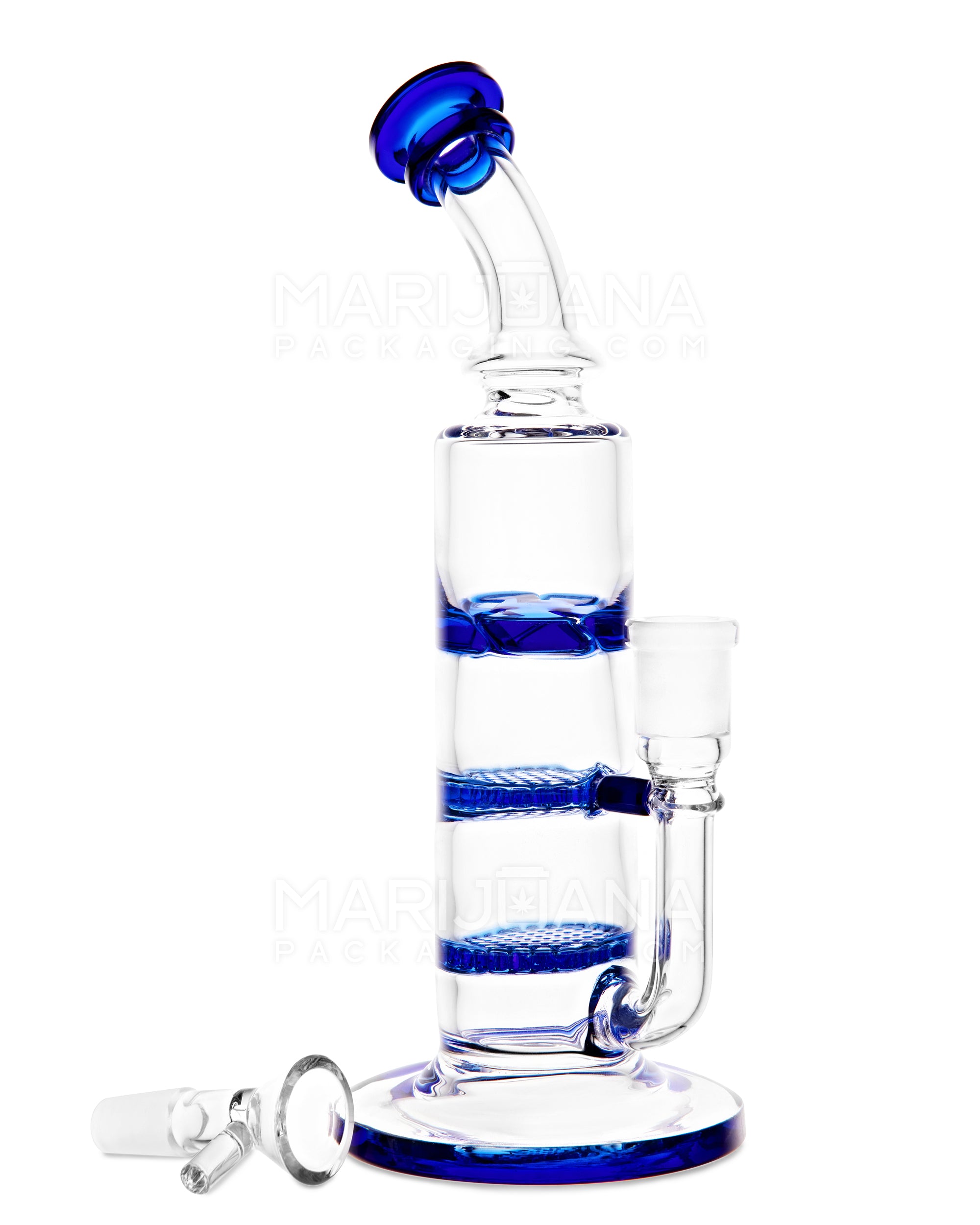 Bent Neck Triple Honeycomb Perc Glass Water Pipe w/ Thick Base | 9.5in Tall - 14mm Bowl - Blue - 2