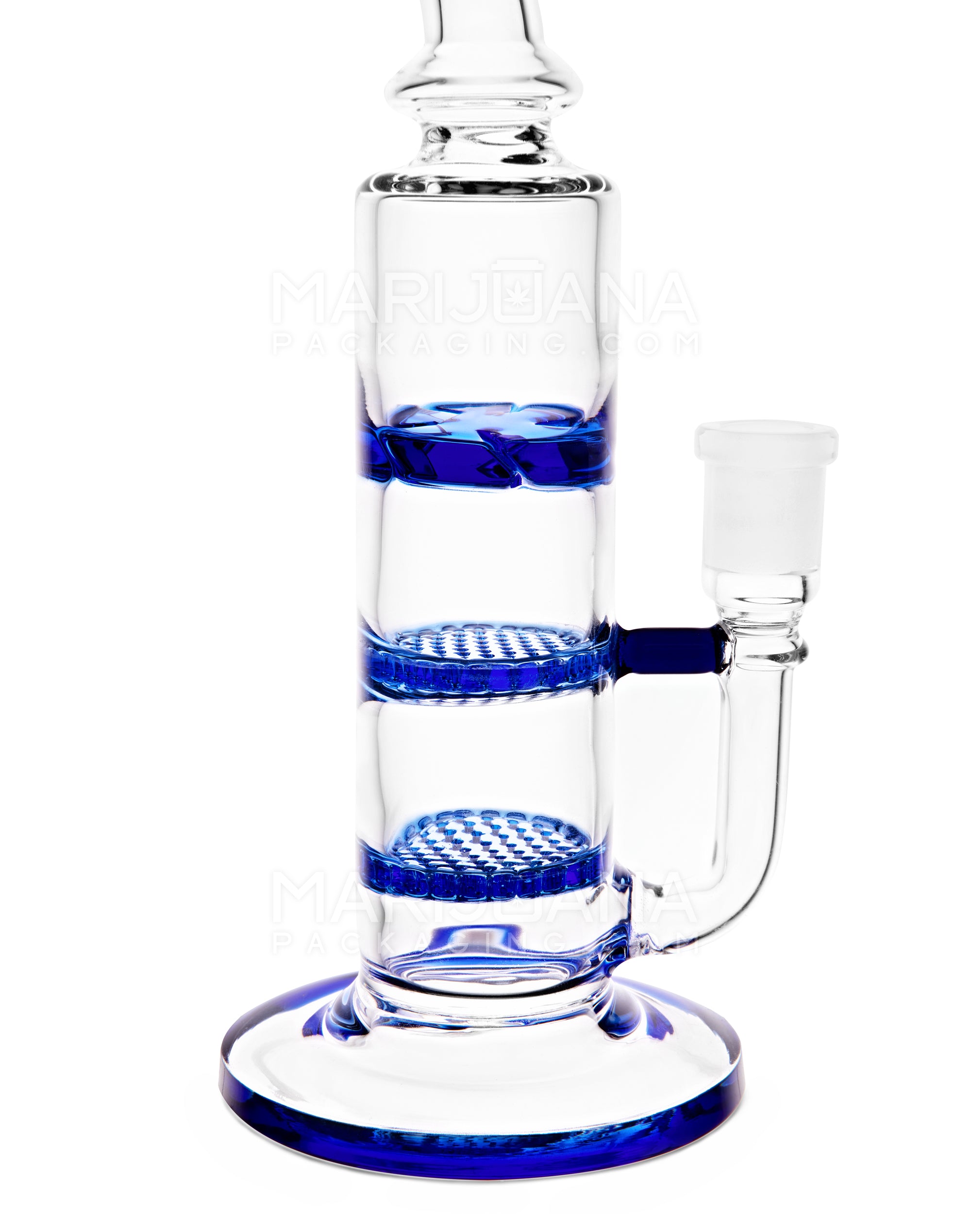 Bent Neck Triple Honeycomb Perc Glass Water Pipe w/ Thick Base | 9.5in Tall - 14mm Bowl - Blue - 3