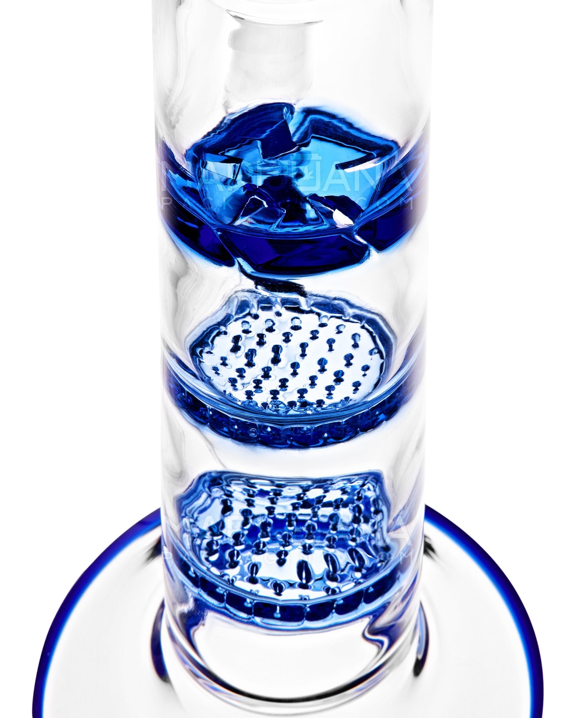 Bent Neck Triple Honeycomb Perc Glass Water Pipe w/ Thick Base | 9.5in Tall - 14mm Bowl - Blue - 4