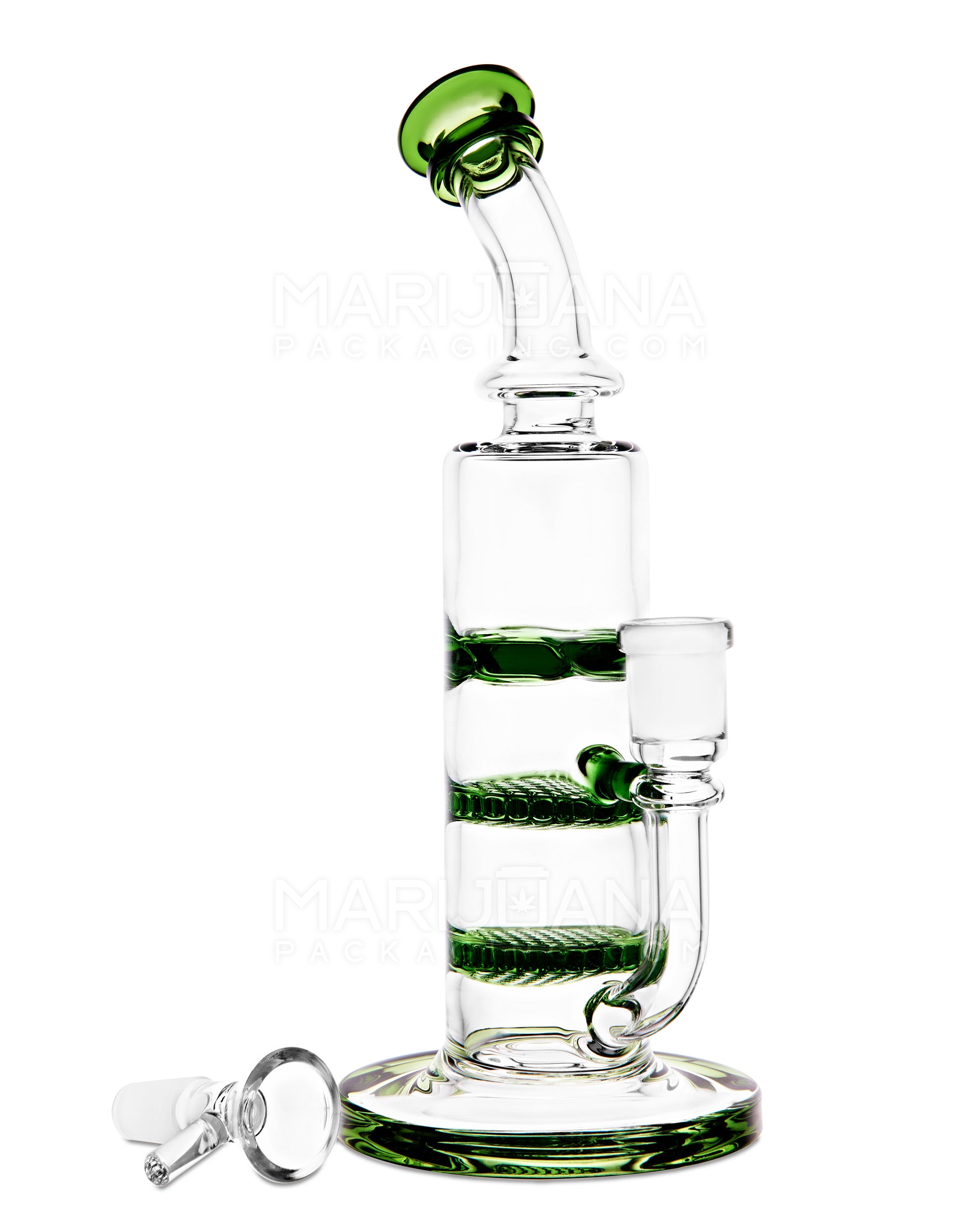 Bent Neck Triple Honeycomb Perc Glass Water Pipe w/ Thick Base | 9.5in Tall - 14mm Bowl - Green - 2