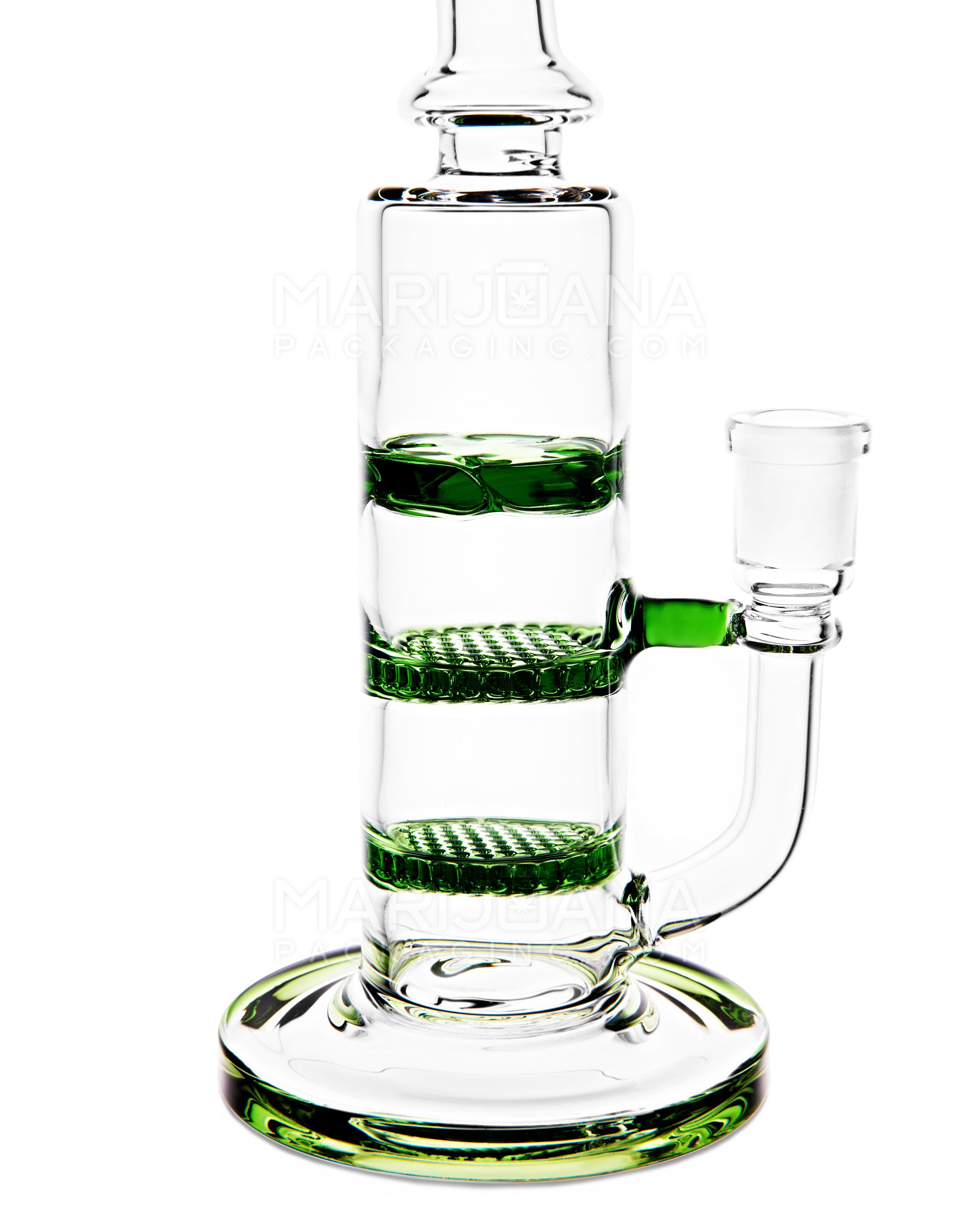 Bent Neck Triple Honeycomb Perc Glass Water Pipe w/ Thick Base | 9.5in Tall - 14mm Bowl - Green - 3