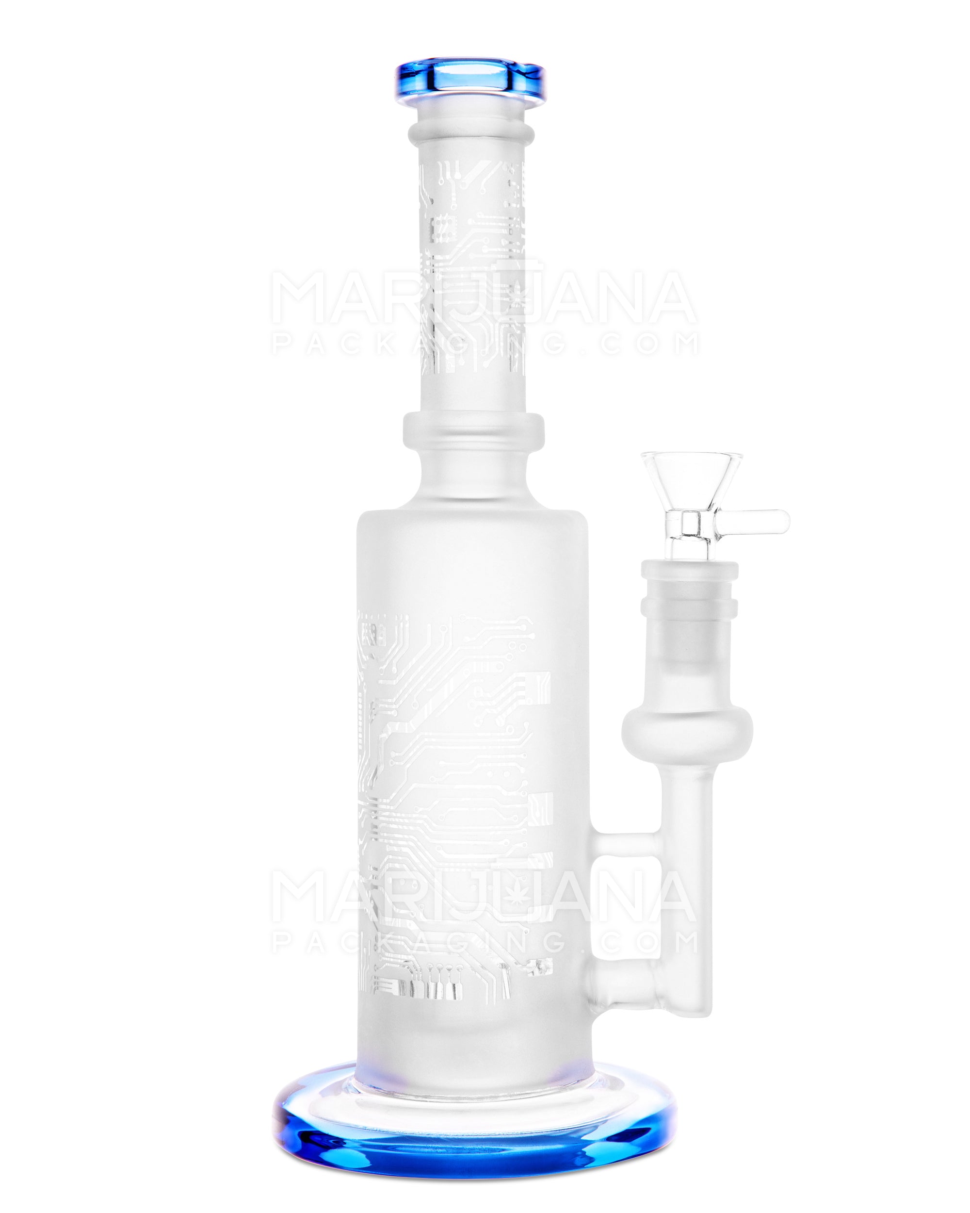 Straight Neck Sandblasted Circuitboard Showerhead Perc Glass Water Pipe w/ Thick Base | 9.5in Tall - 14mm Bowl - Blue - 1