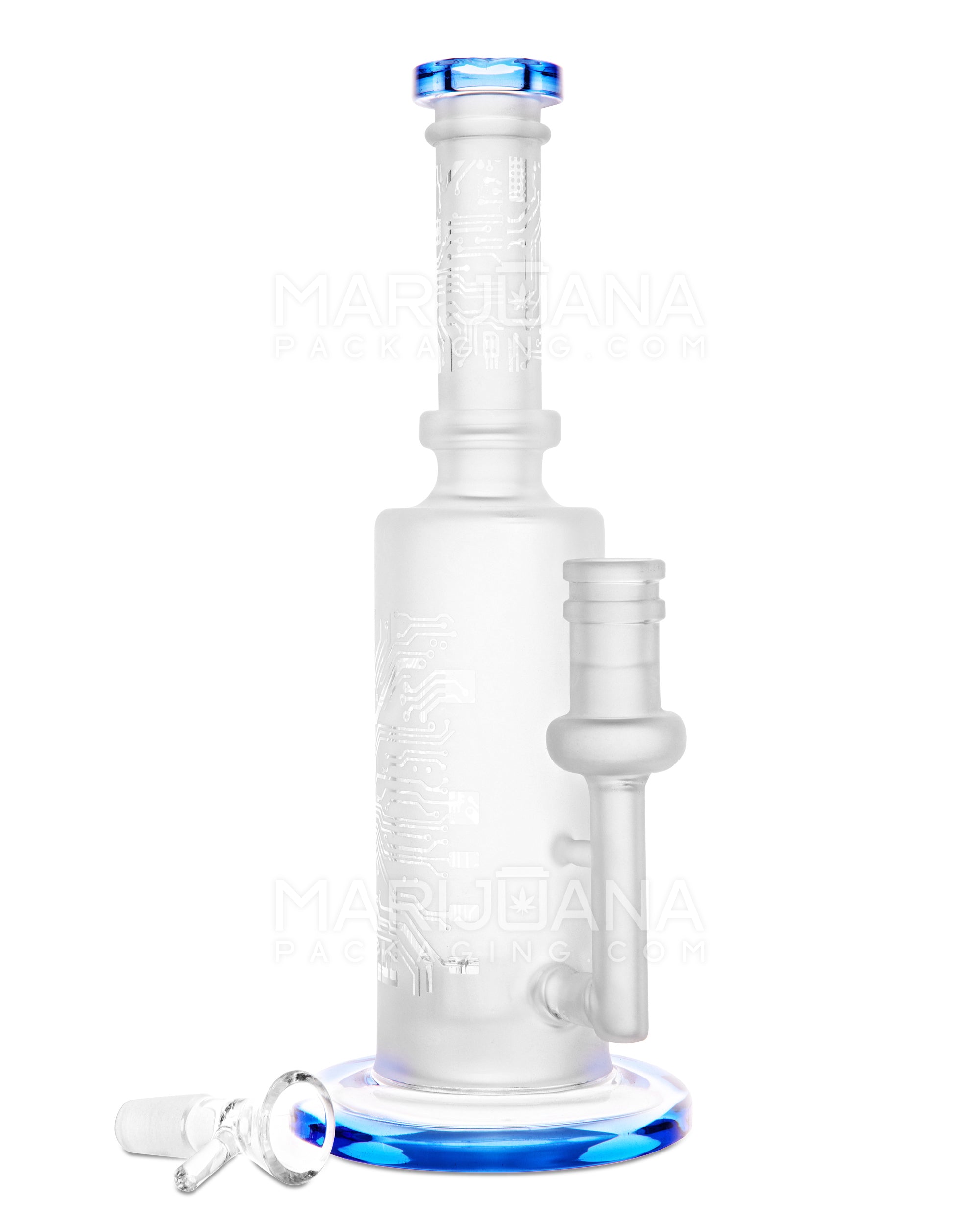 Straight Neck Sandblasted Circuitboard Showerhead Perc Glass Water Pipe w/ Thick Base | 9.5in Tall - 14mm Bowl - Blue - 2