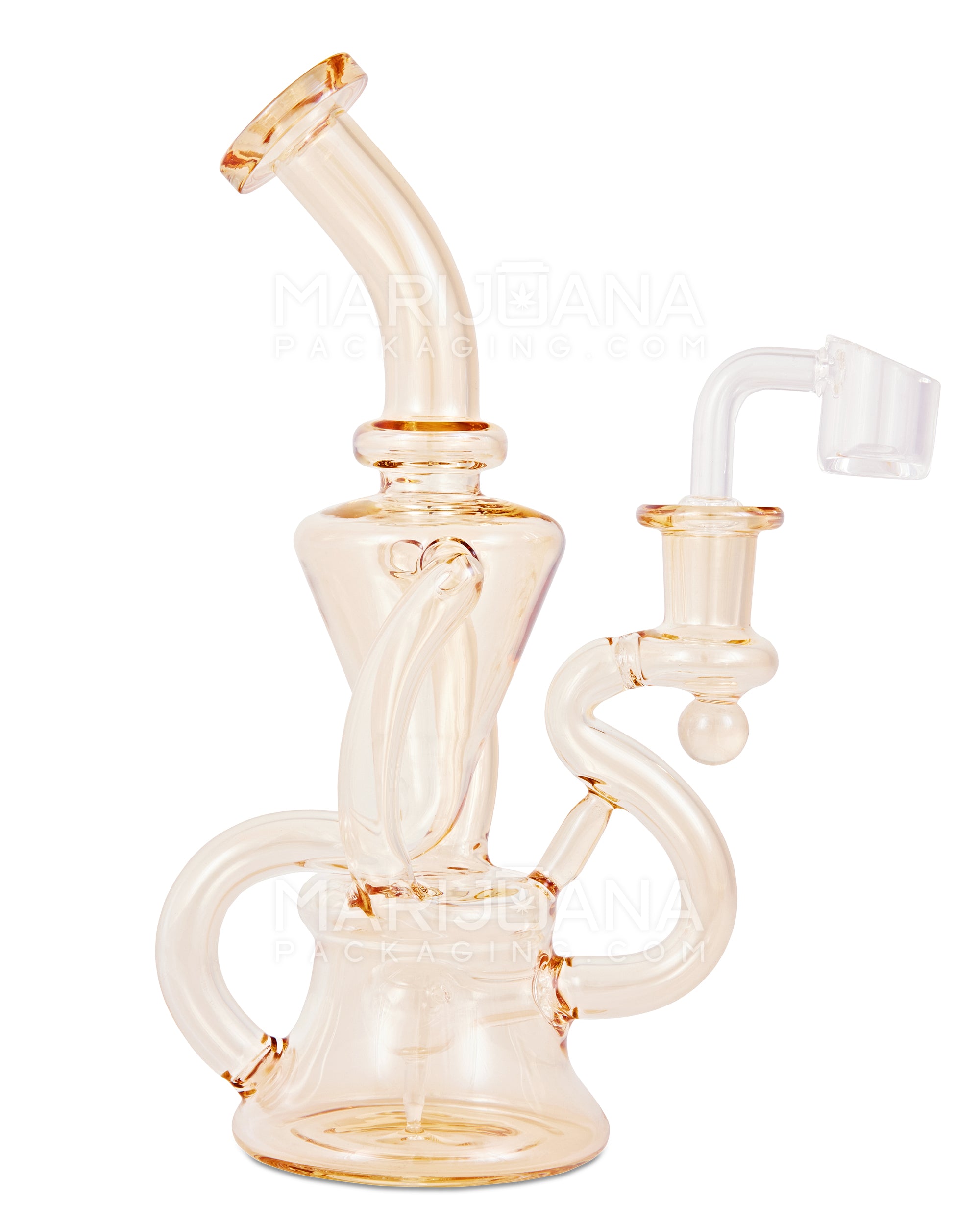 Bent Neck Iridescent Recycler Glass Bell Water Pipe | 8.5in Tall - 14mm Banger - Amber - 1