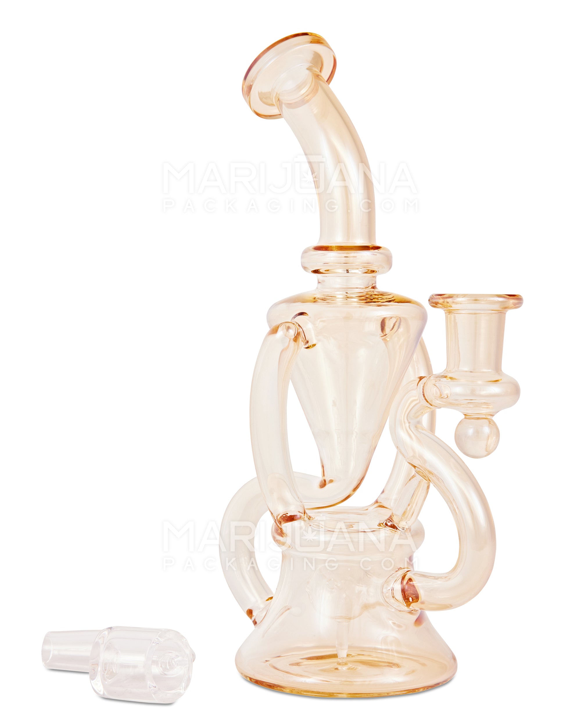 Bent Neck Iridescent Recycler Glass Bell Water Pipe | 8.5in Tall - 14mm Banger - Amber - 2