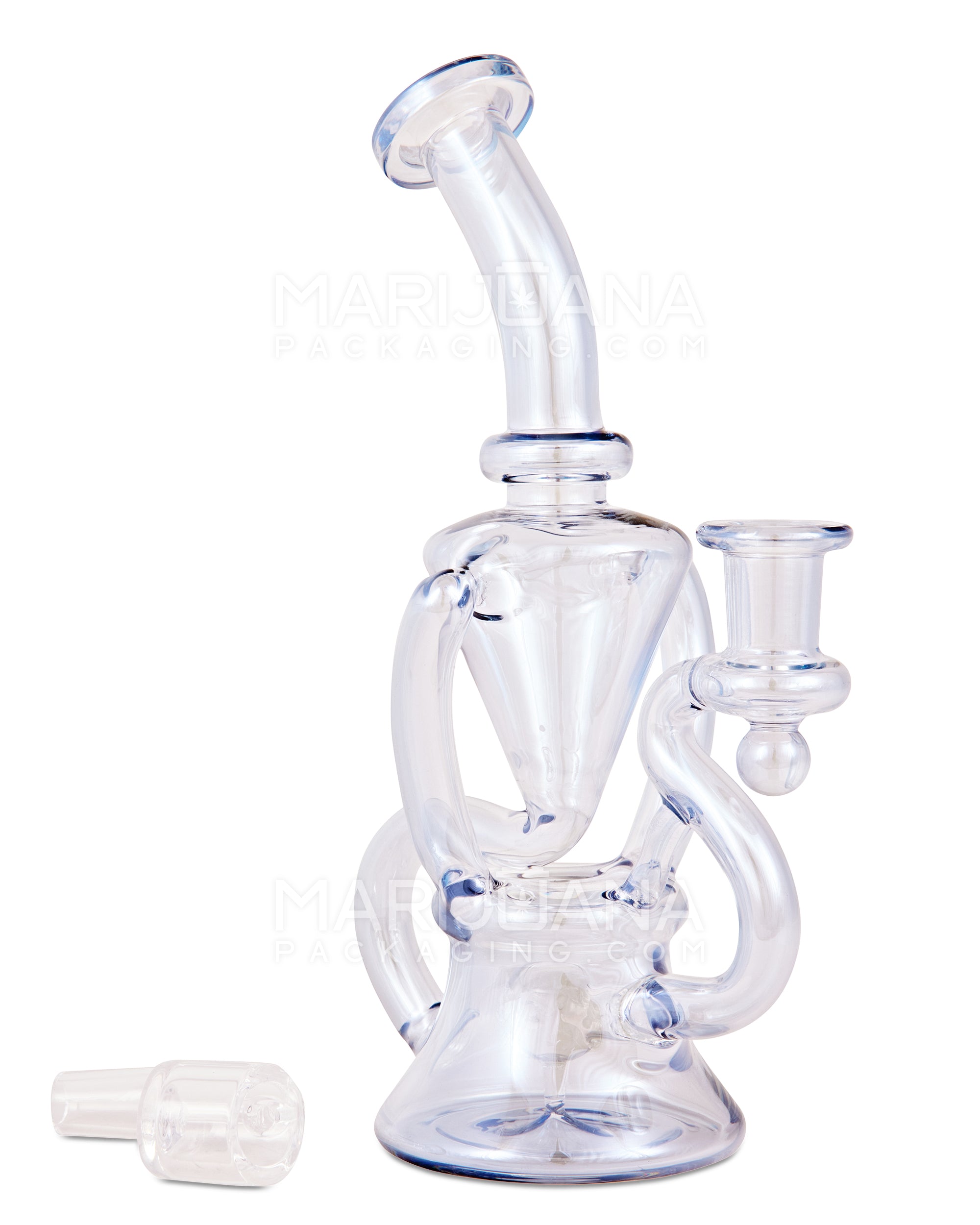 Bent Neck Iridescent Recycler Glass Bell Water Pipe | 8.5in Tall - 14mm Banger - Blue - 2