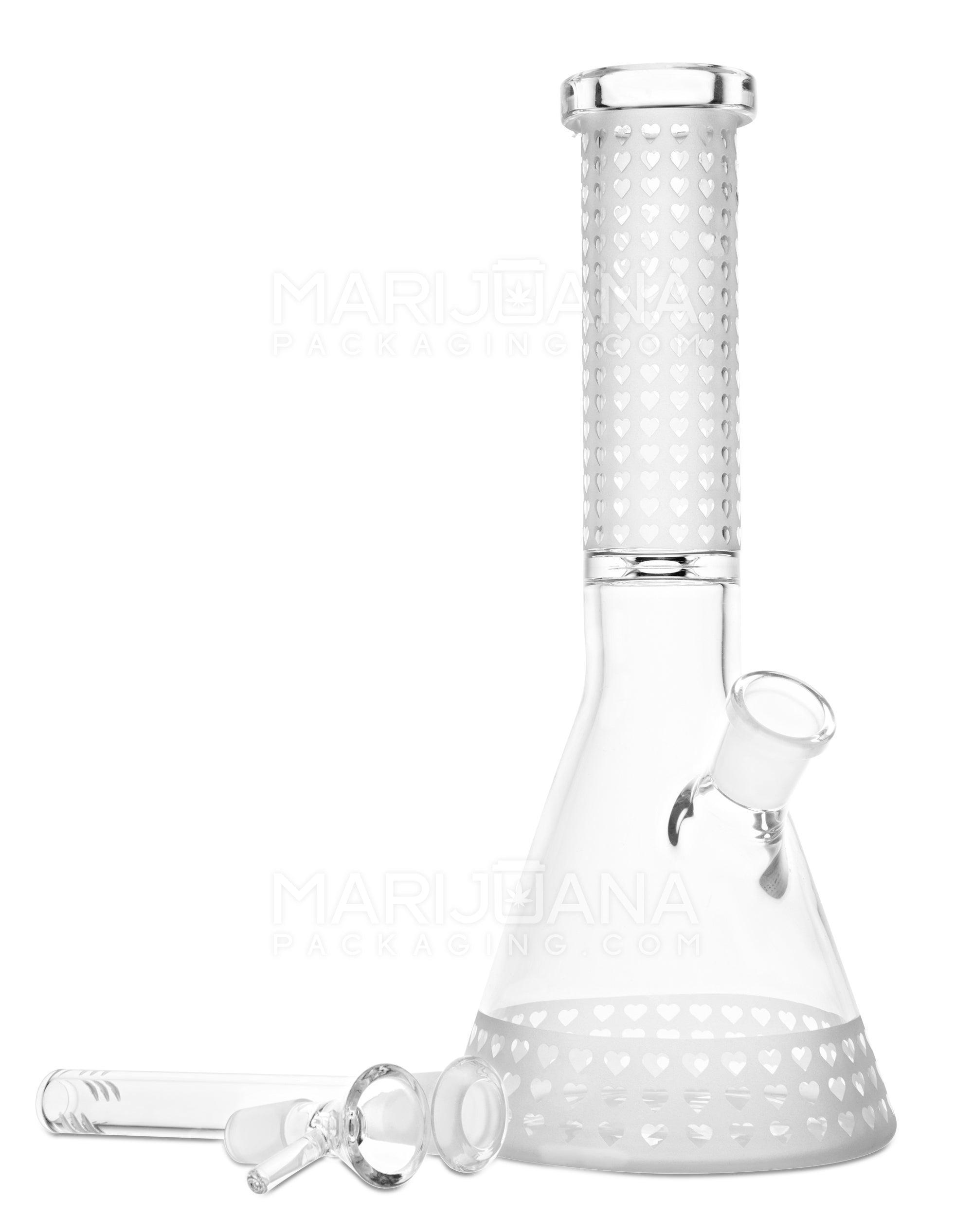 Straight Neck Sandblasted Hearts Decal Glass Beaker Water Pipe | 10.5in Tall - 14mm Bowl - Clear - 2