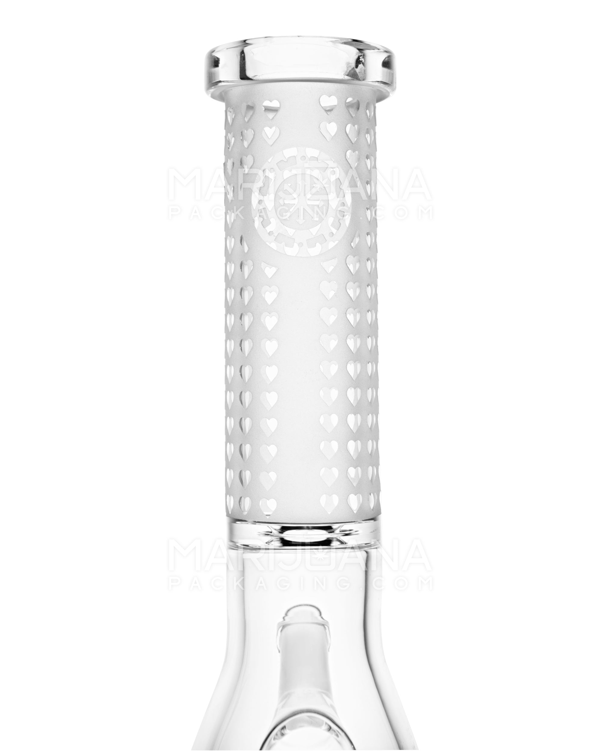 Straight Neck Sandblasted Hearts Decal Glass Beaker Water Pipe | 10.5in Tall - 14mm Bowl - Clear - 4