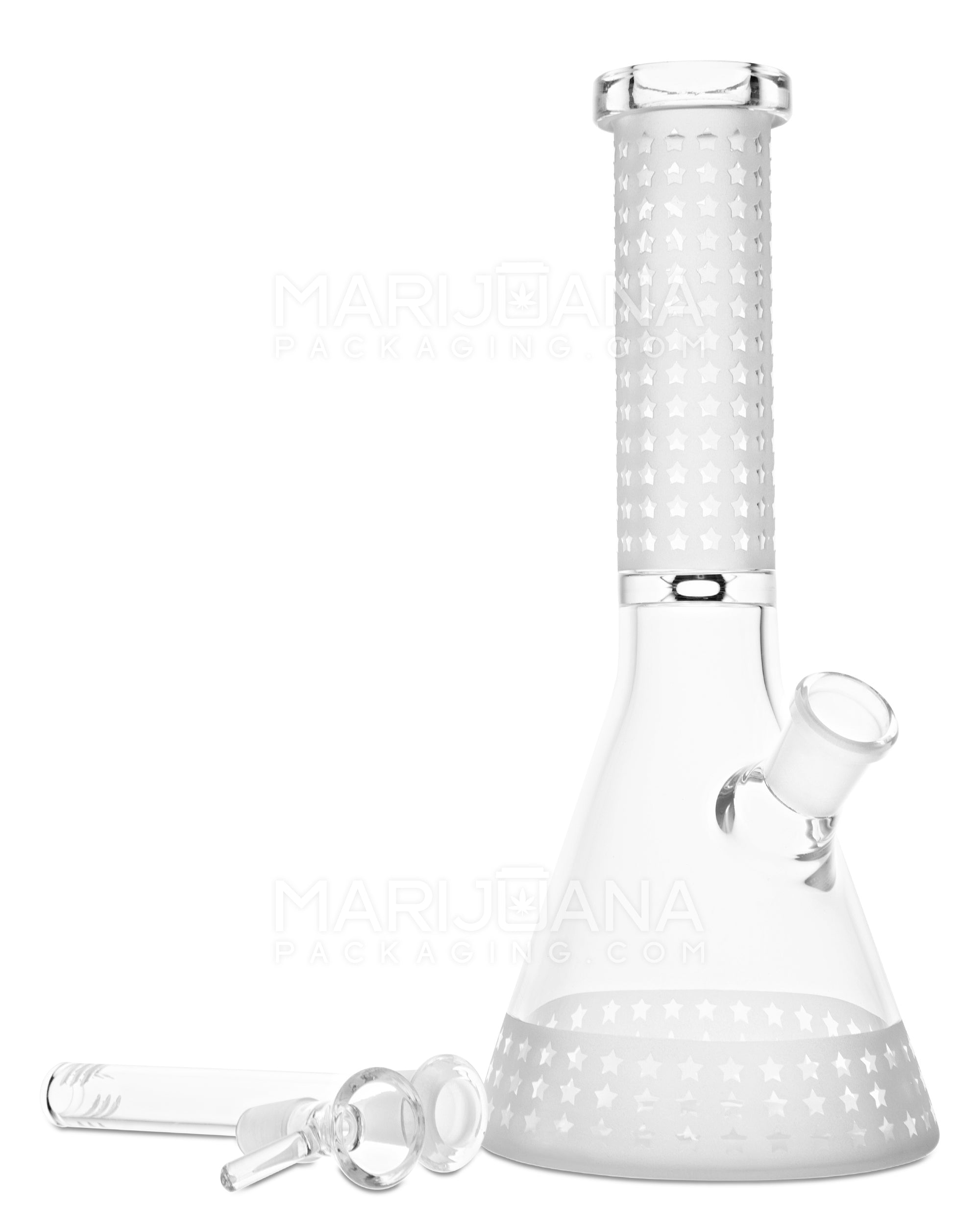 Straight Neck Sandblasted Stars Decal Glass Beaker Water Pipe | 10.5in Tall - 14mm Bowl - Clear - 2