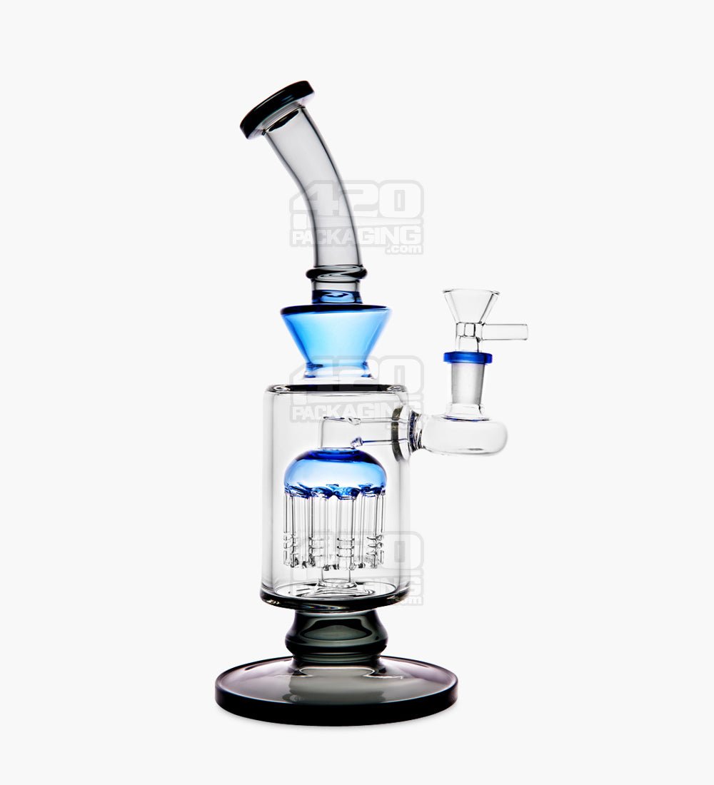 Bent Neck Tree Perc Color Trim Glass Water Pipe w/ Thick Base | 10.5in Tall - 14mm Bowl - Black - 1