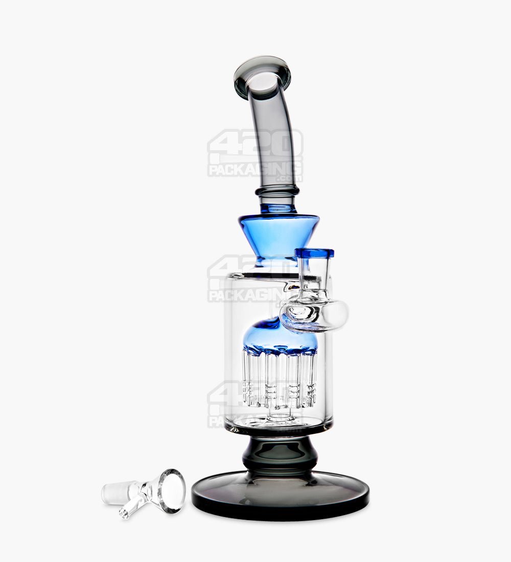 Bent Neck Tree Perc Color Trim Glass Water Pipe w/ Thick Base | 10.5in Tall - 14mm Bowl - Black - 2