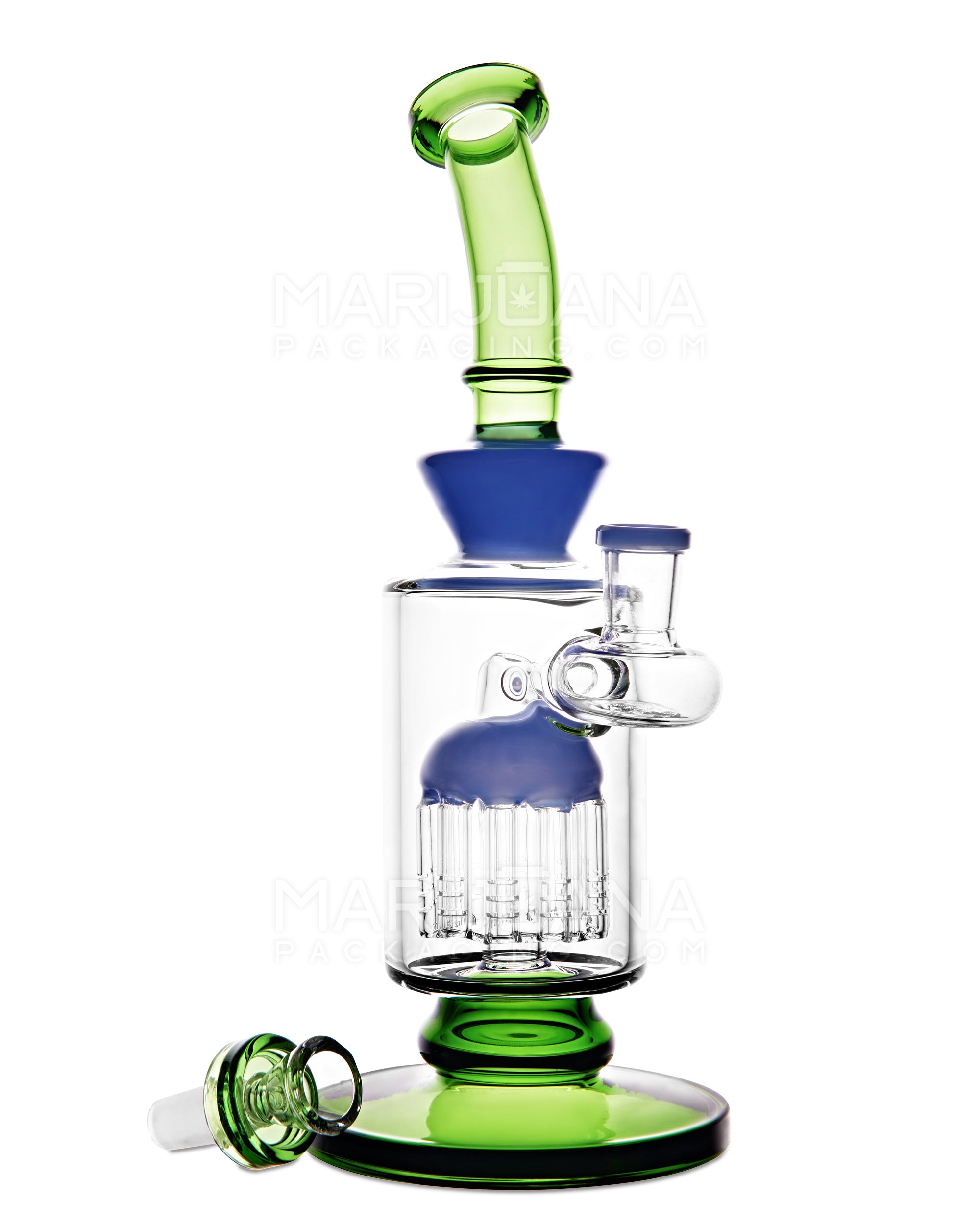 Bent Neck Tree Perc Color Trim Glass Water Pipe w/ Thick Base | 10.5in Tall - 14mm Bowl - Green - 2