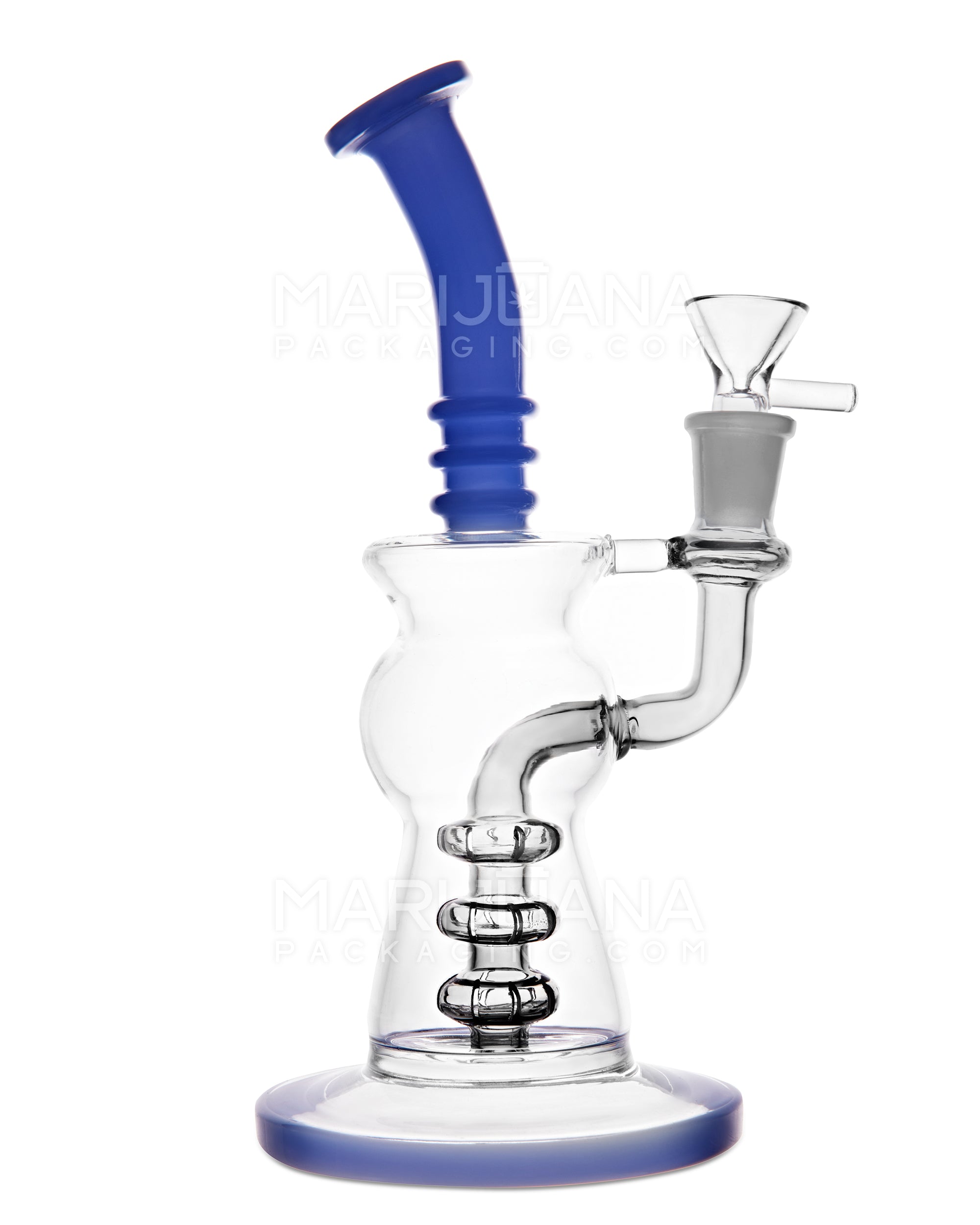 Bent Neck Ringed Triple Matrix Perc Glass Water Pipe w/ Thick Base | 8.5in Tall - 14mm Bowl - Blue - 1