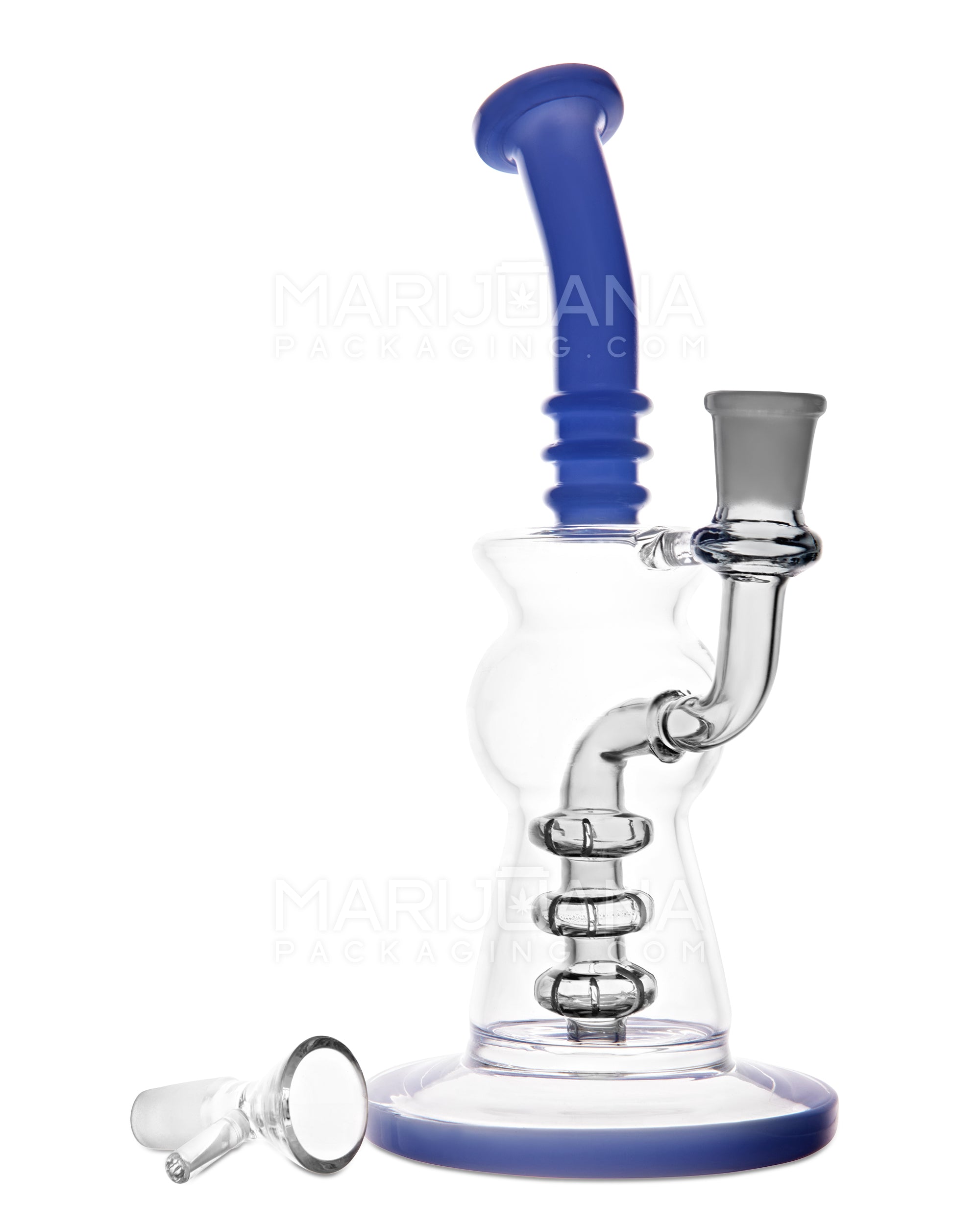 Bent Neck Ringed Triple Matrix Perc Glass Water Pipe w/ Thick Base | 8.5in Tall - 14mm Bowl - Blue - 2