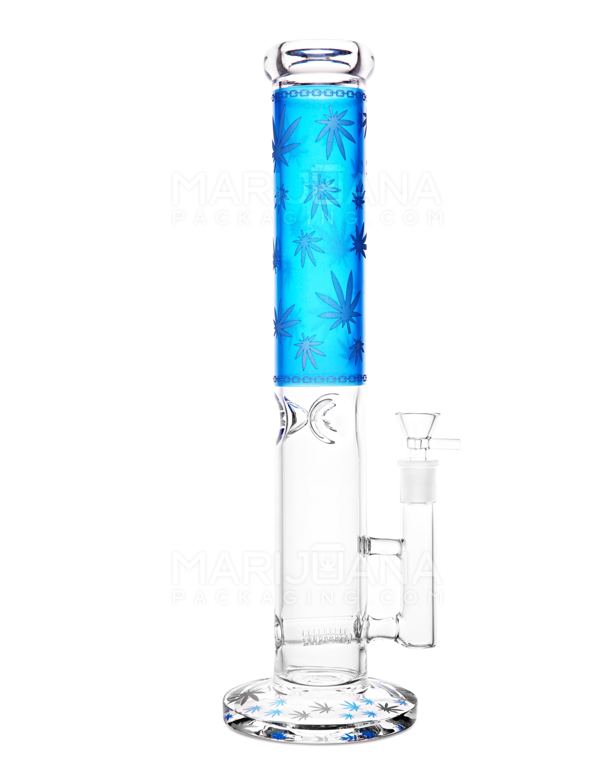 Straight Neck Leaf Decal Inline Perc Glass Water Pipe w/ Ice Catcher | 14in Tall - 14mm Bowl - Blue - 1