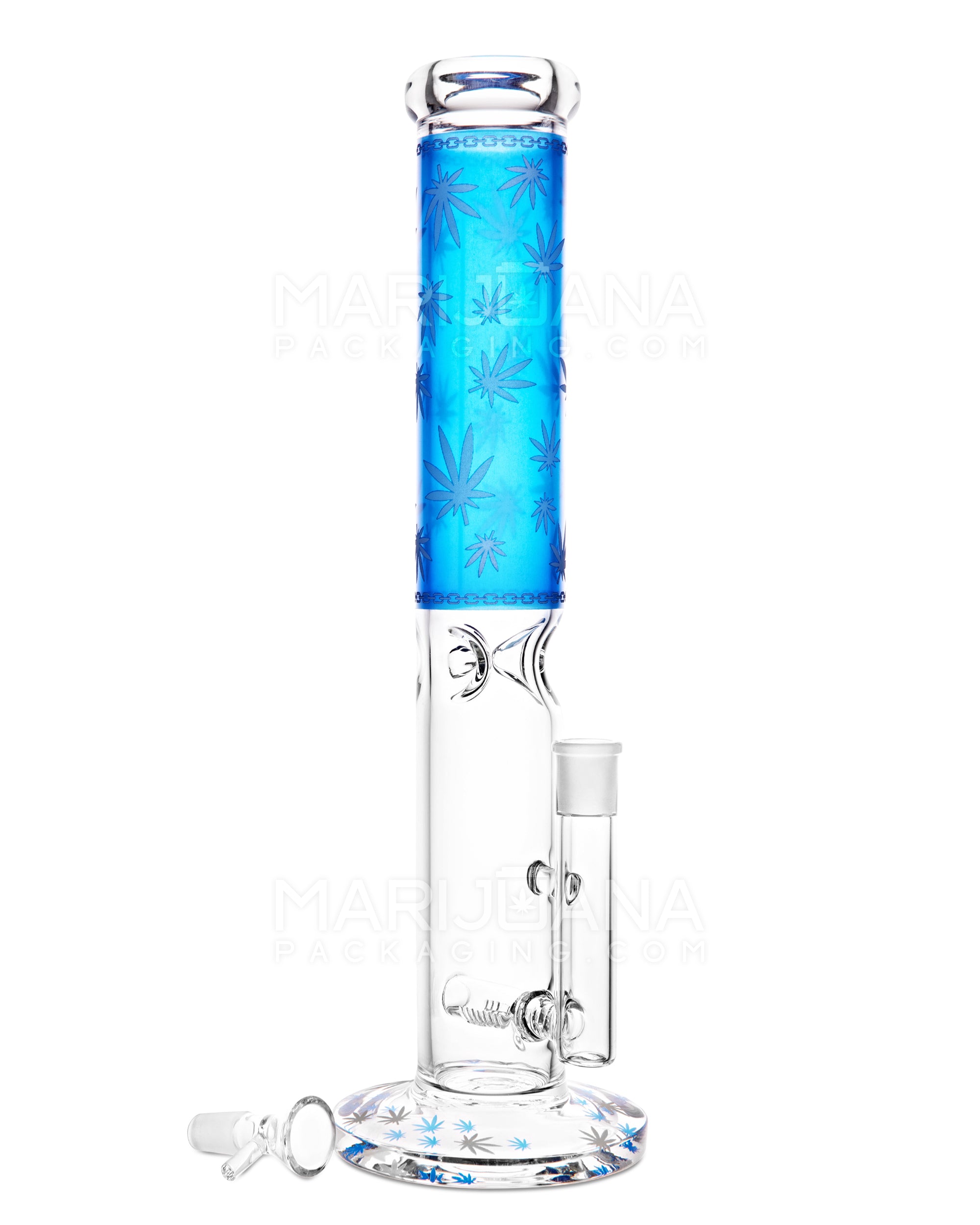 Straight Neck Leaf Decal Inline Perc Glass Water Pipe w/ Ice Catcher | 14in Tall - 14mm Bowl - Blue - 2