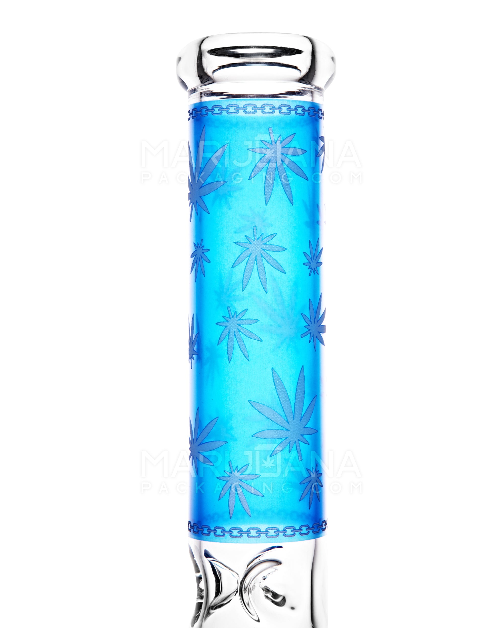 Straight Neck Leaf Decal Inline Perc Glass Water Pipe w/ Ice Catcher | 14in Tall - 14mm Bowl - Blue - 4