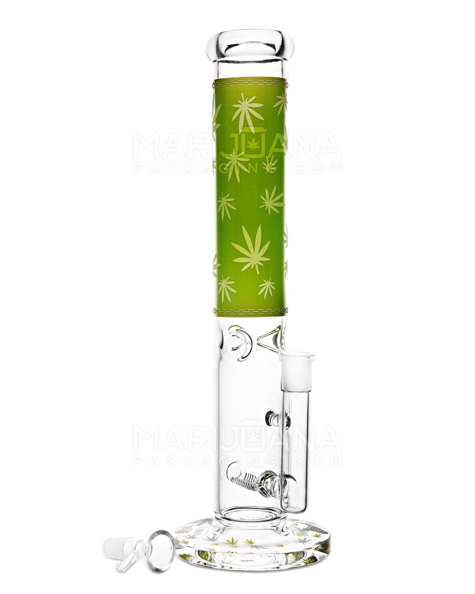 Straight Neck Leaf Decal Inline Perc Glass Water Pipe w/ Ice Catcher | 14in Tall - 14mm Bowl - Green - 2
