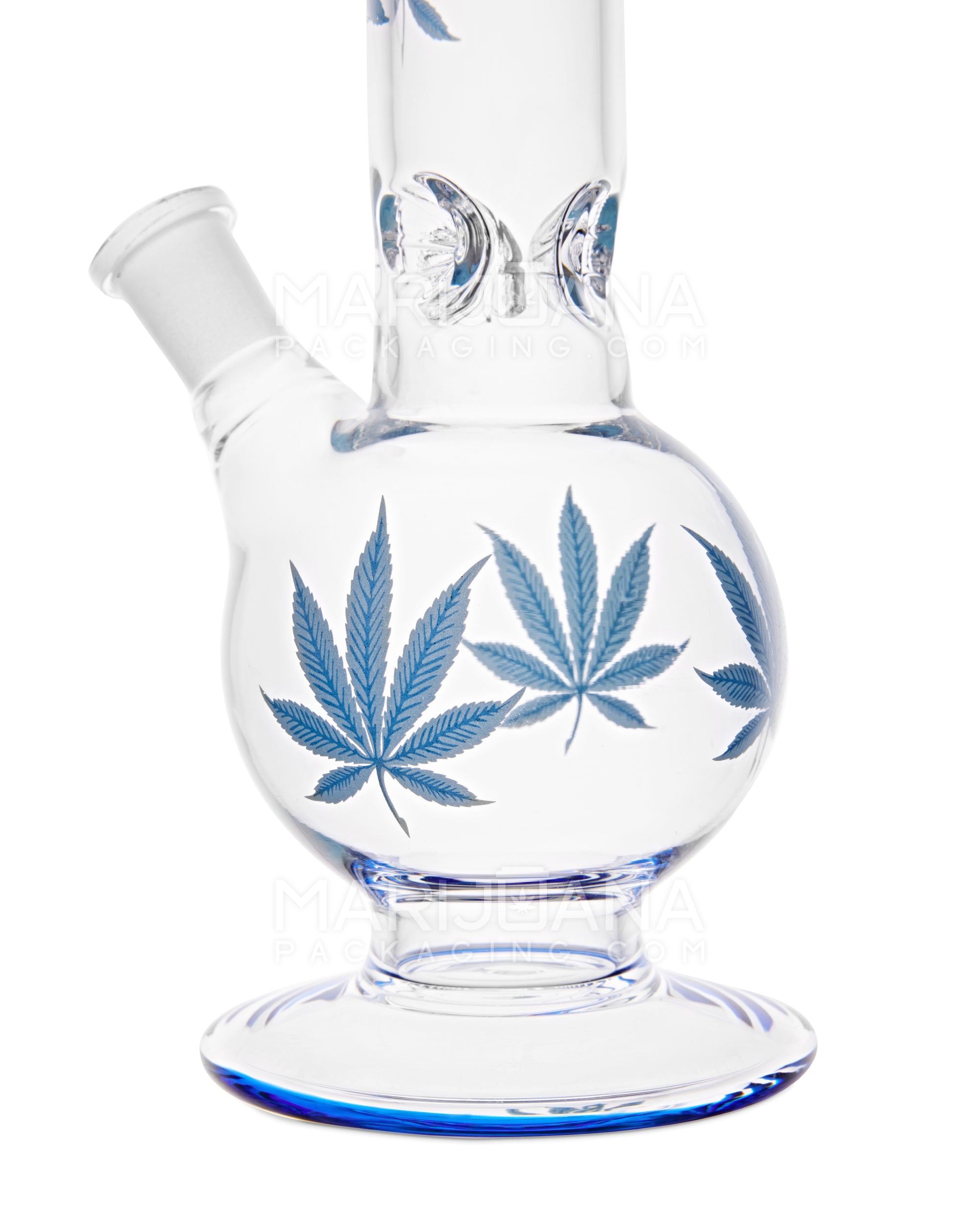 Straight Neck Leaf Decal Inline Perc Glass Water Pipe w/ Thick Base | 14in Tall - 14mm Bowl - Blue