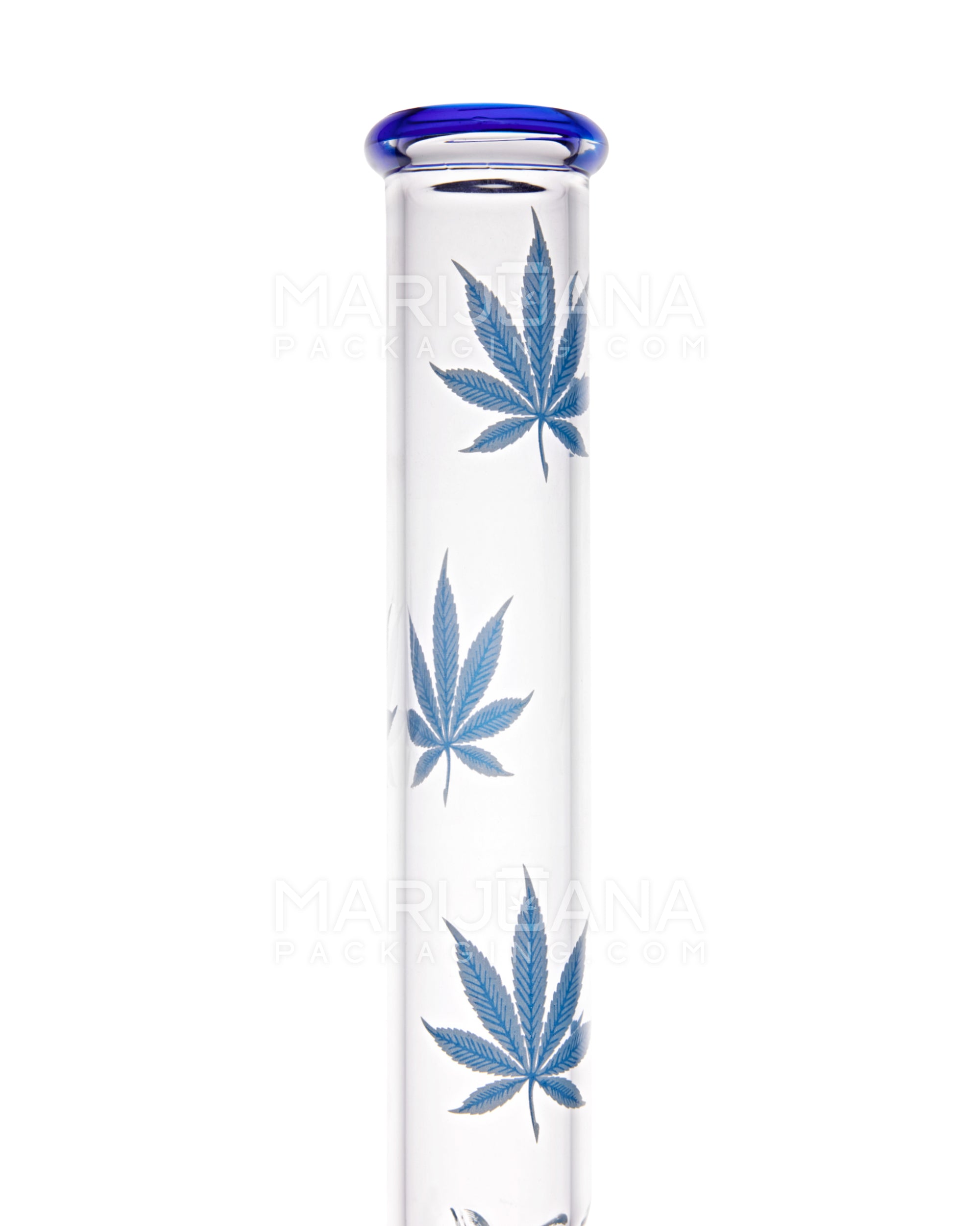 Straight Neck Leaf Decal Inline Perc Glass Water Pipe w/ Thick Base | 14in Tall - 14mm Bowl - Blue