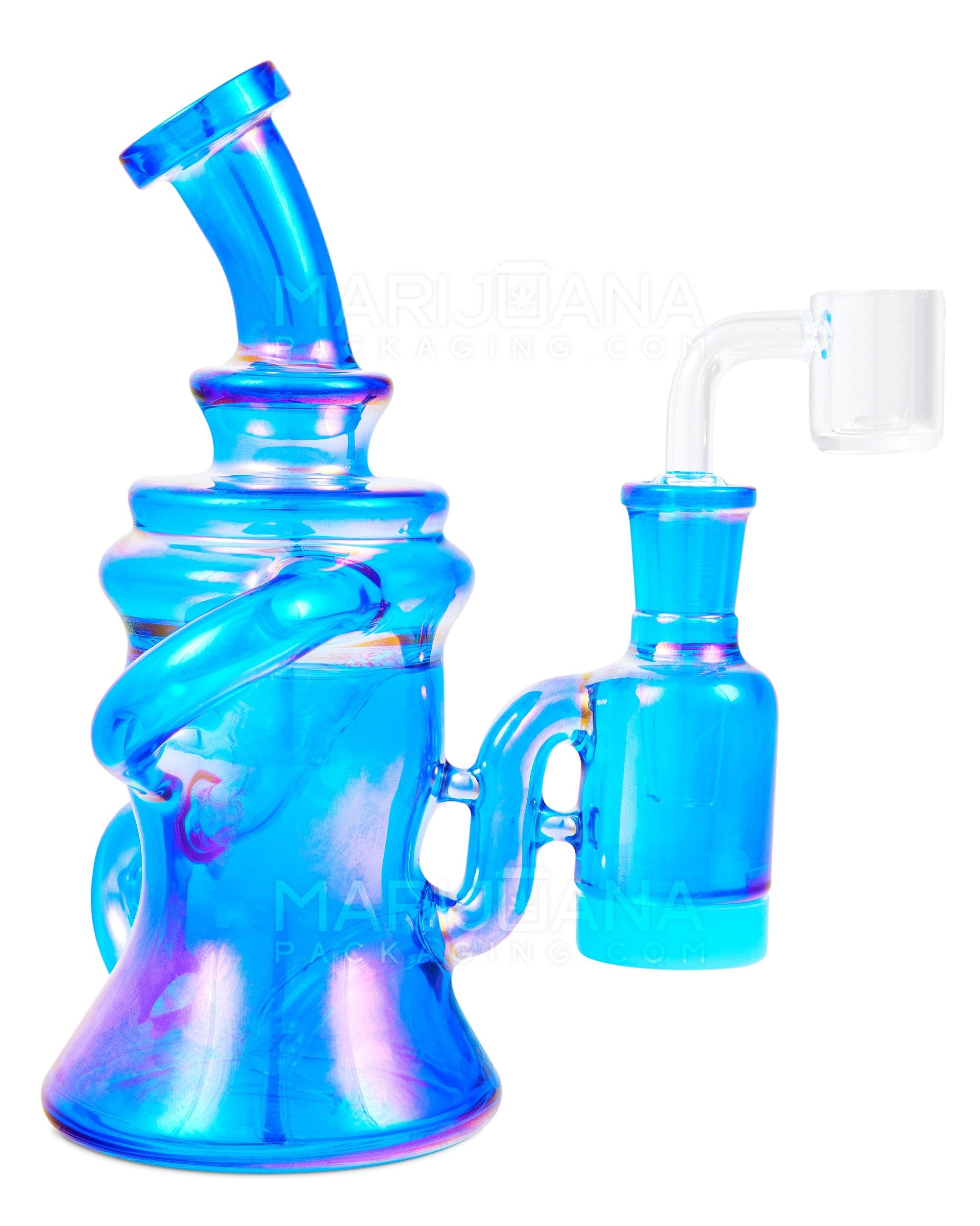 Bent Neck Iridescent Recycler Glass Dab Rig w/ Silicone Claim Catcher | 7in Tall - 14mm Banger - Blue - 2
