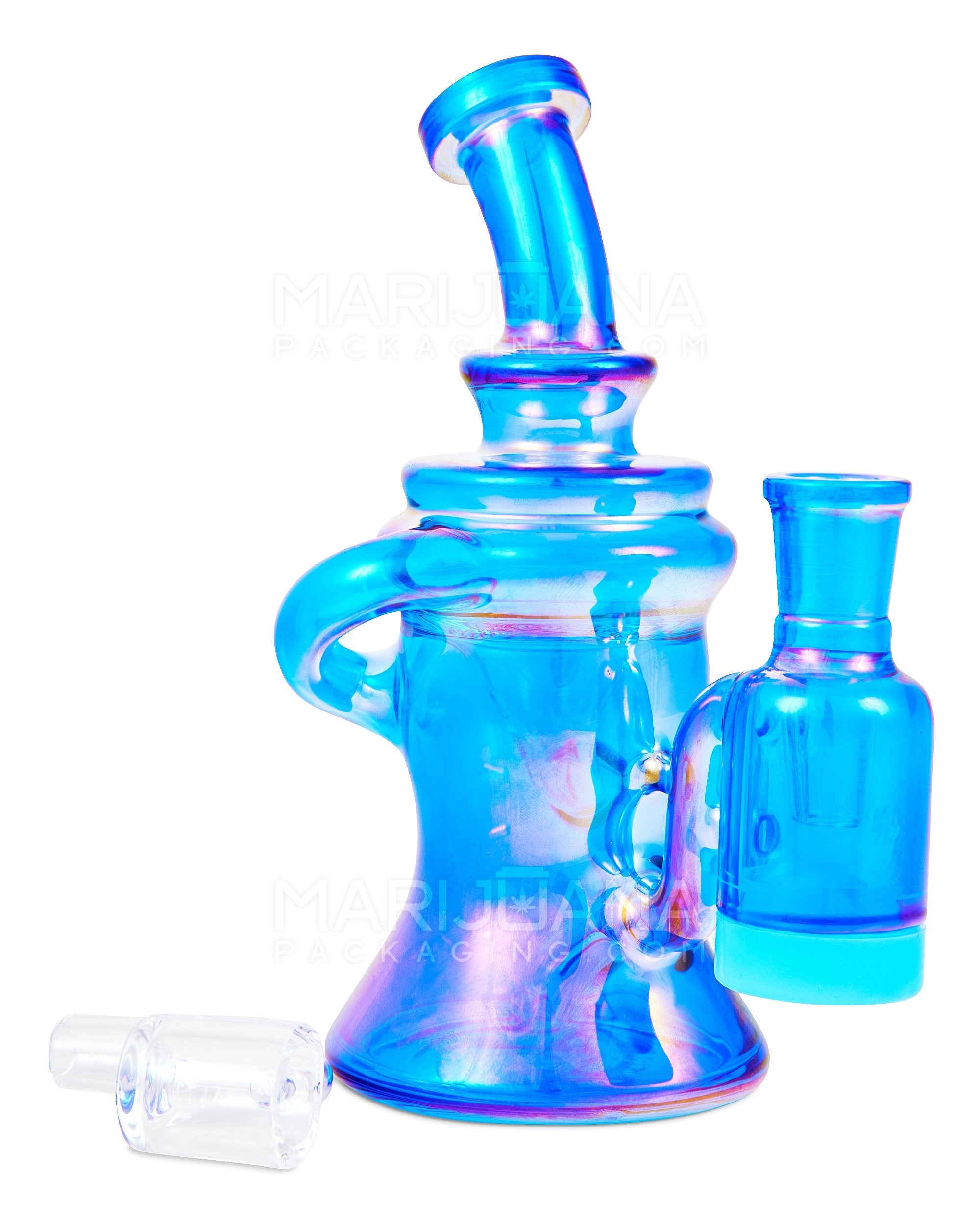 Bent Neck Iridescent Recycler Glass Dab Rig w/ Silicone Claim Catcher | 7in Tall - 14mm Banger - Blue - 3