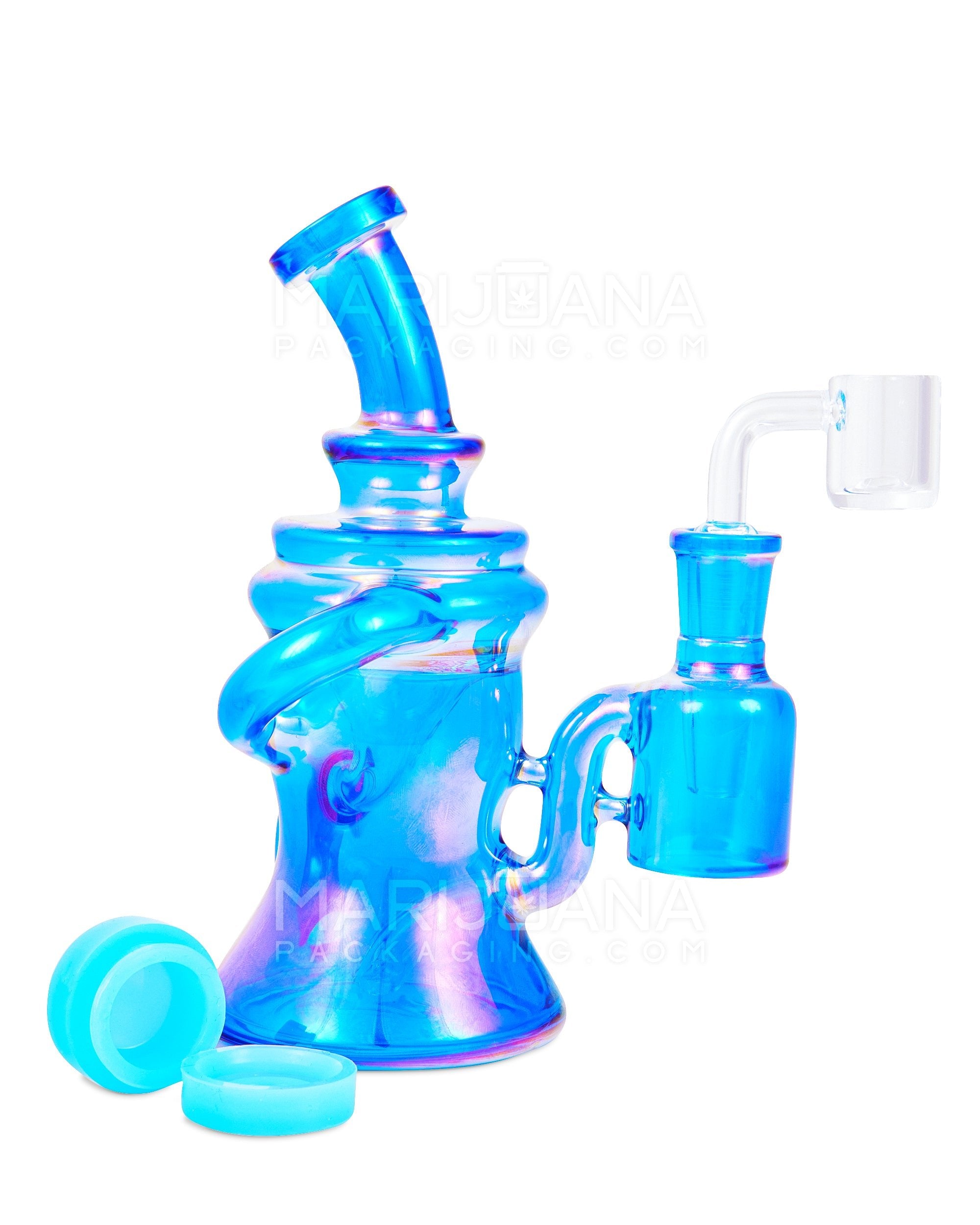 Bent Neck Iridescent Recycler Glass Dab Rig w/ Silicone Claim Catcher | 7in Tall - 14mm Banger - Blue - 1