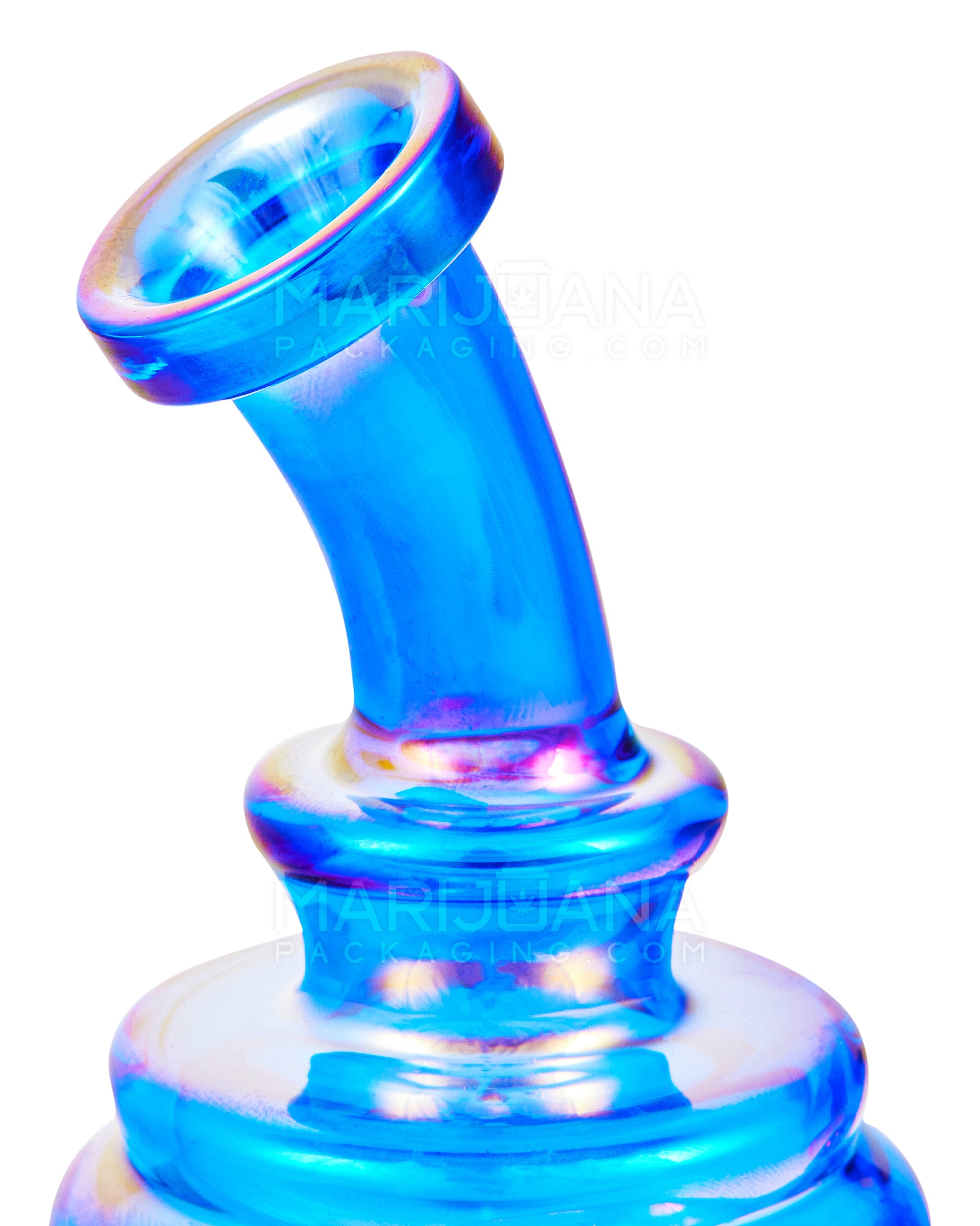 Bent Neck Iridescent Recycler Glass Dab Rig w/ Silicone Claim Catcher | 7in Tall - 14mm Banger - Blue - 6