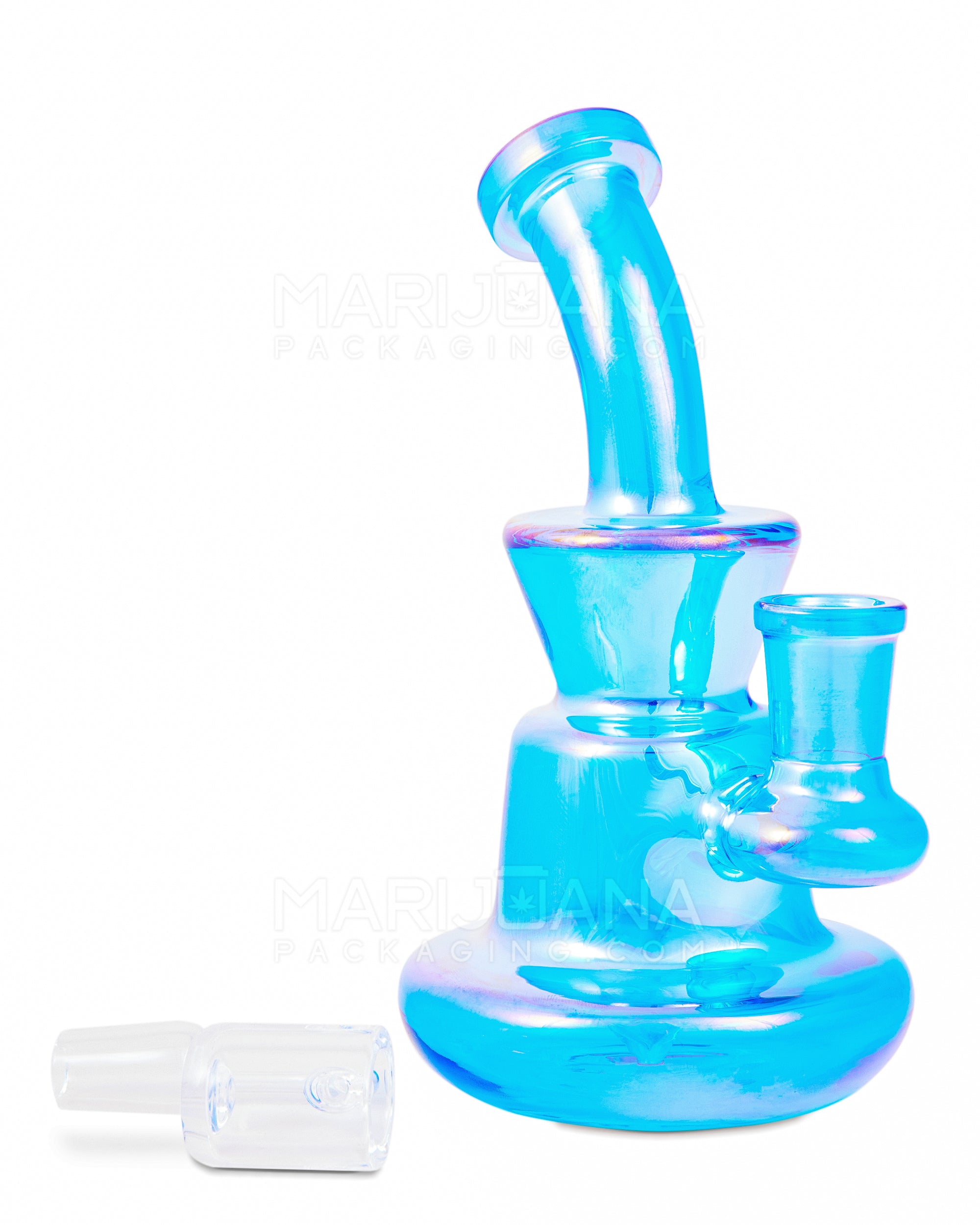 Bent Neck Iridescent Glass Dab Rig w/ Wide Base | 6in Tall - 14mm Banger - Blue - 2
