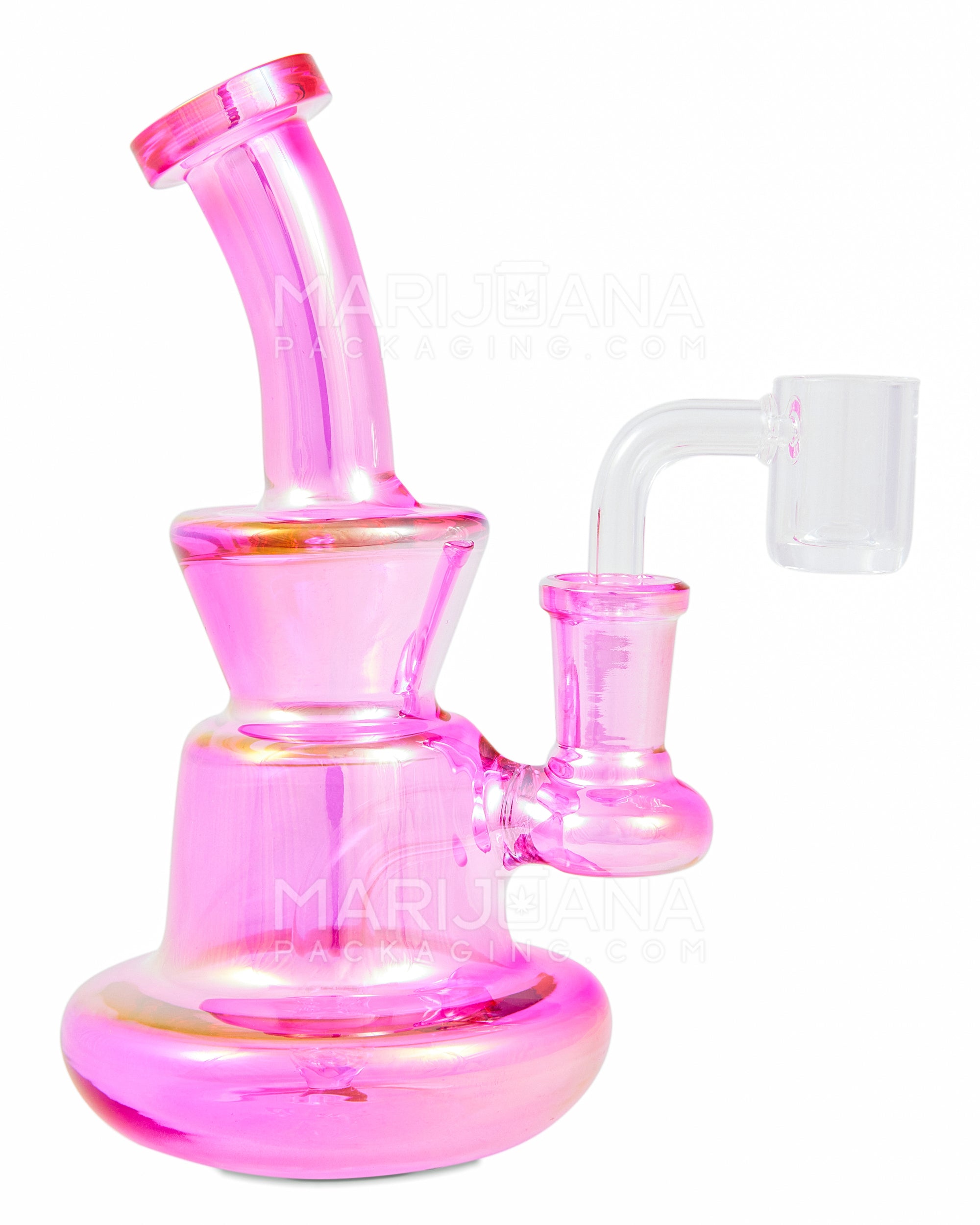 Bent Neck Iridescent Glass Dab Rig w/ Wide Base | 6in Tall - 14mm Banger - Pink - 1