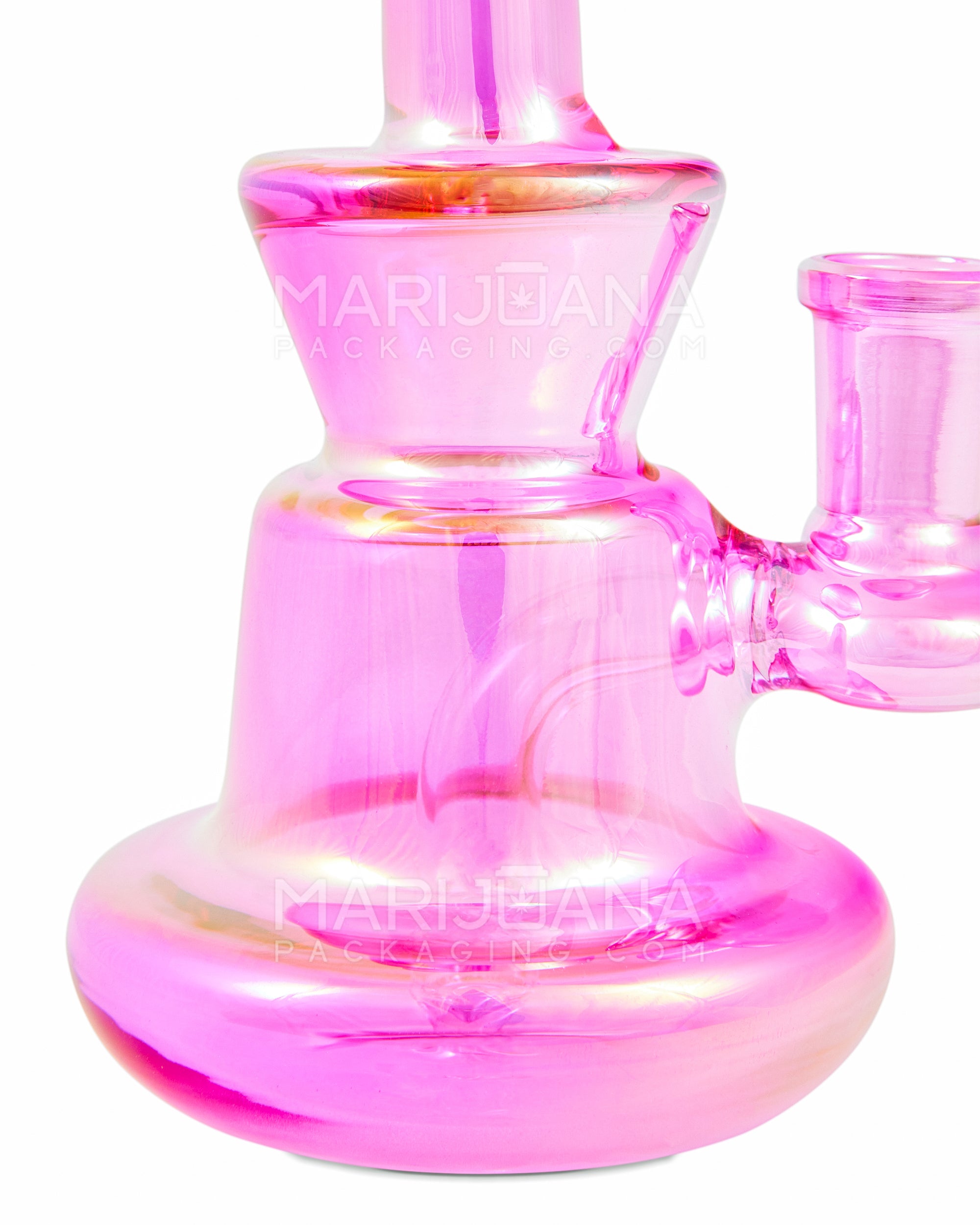 Bent Neck Iridescent Glass Dab Rig w/ Wide Base | 6in Tall - 14mm Banger - Pink - 3