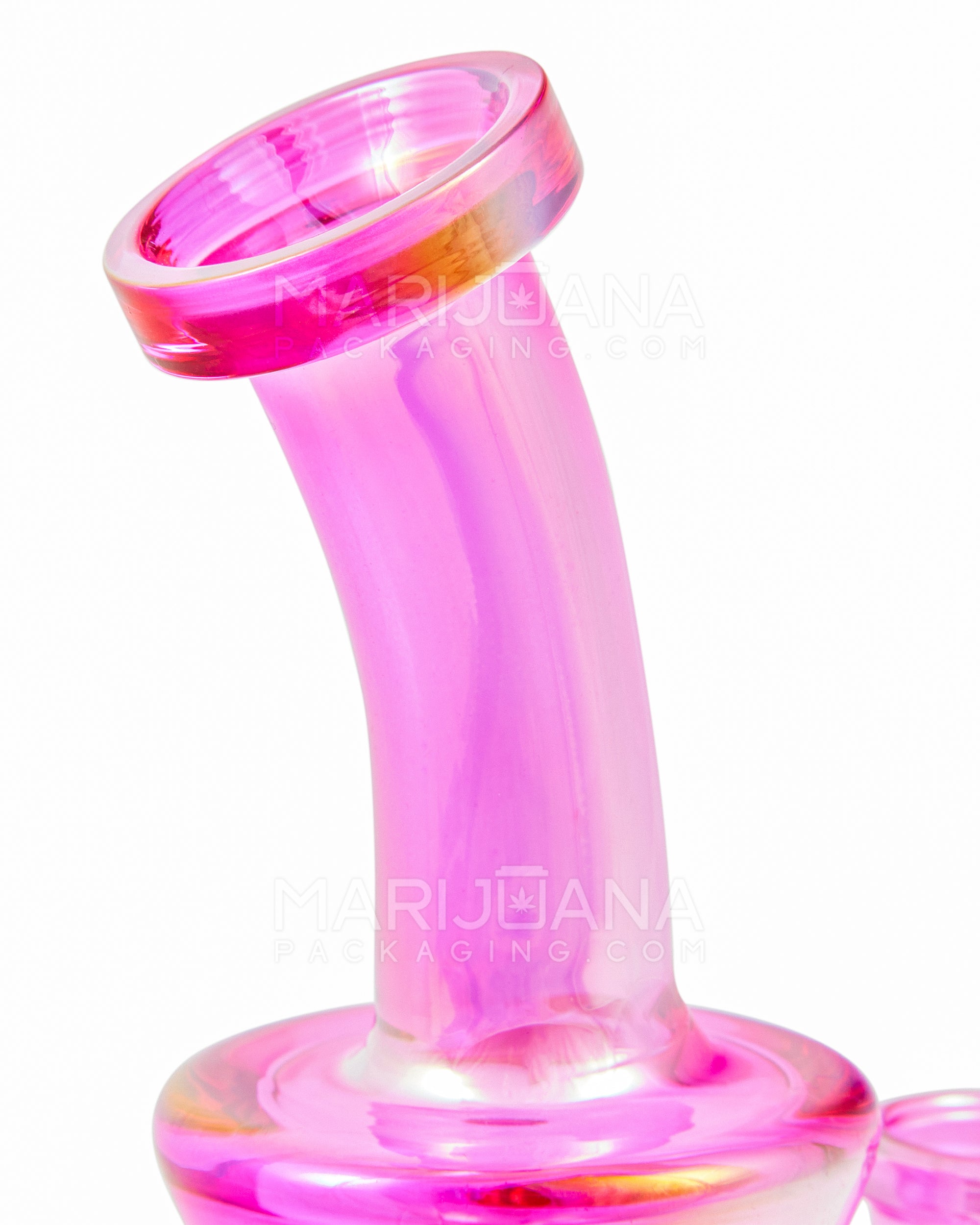 Bent Neck Iridescent Glass Dab Rig w/ Wide Base | 6in Tall - 14mm Banger - Pink - 4