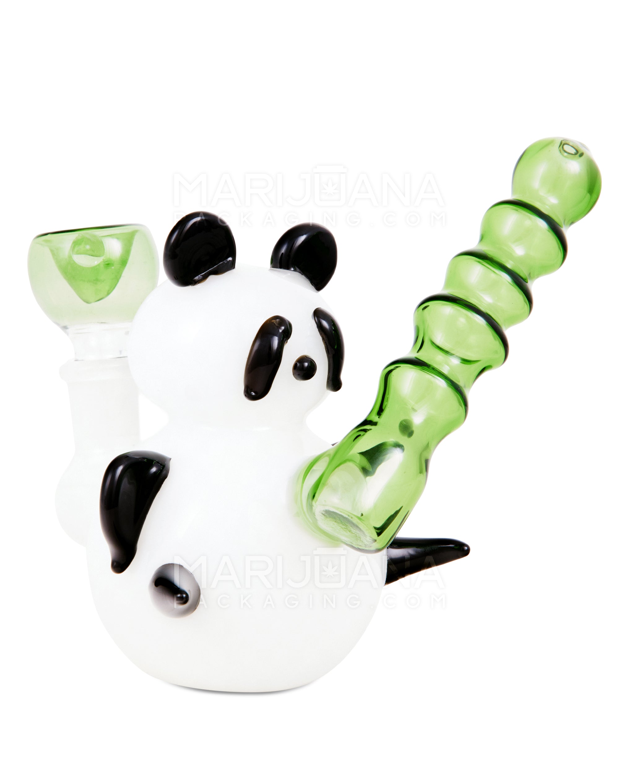 Heady | Sidecar Bamboo Neck Painted Glass Panda Water Pipe | 4in Tall - 14mm Bowl - White - 9