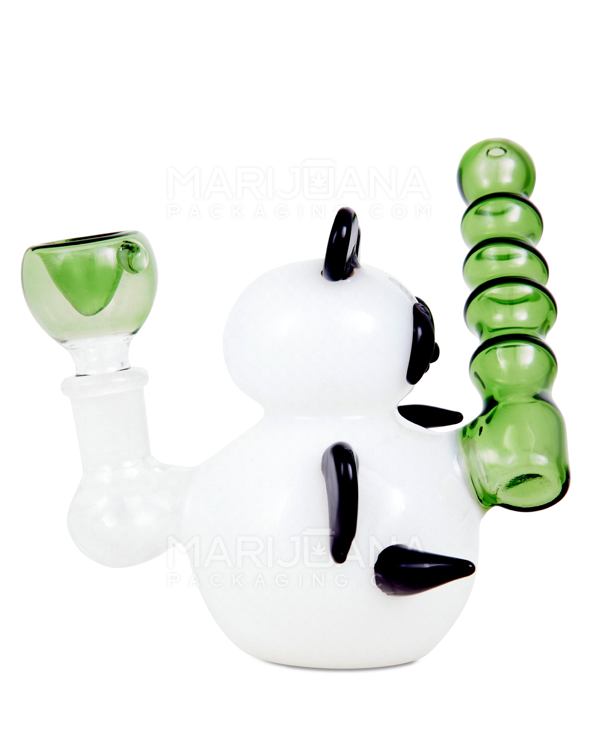 Heady | Sidecar Bamboo Neck Painted Glass Panda Water Pipe | 4in Tall - 14mm Bowl - White - 3