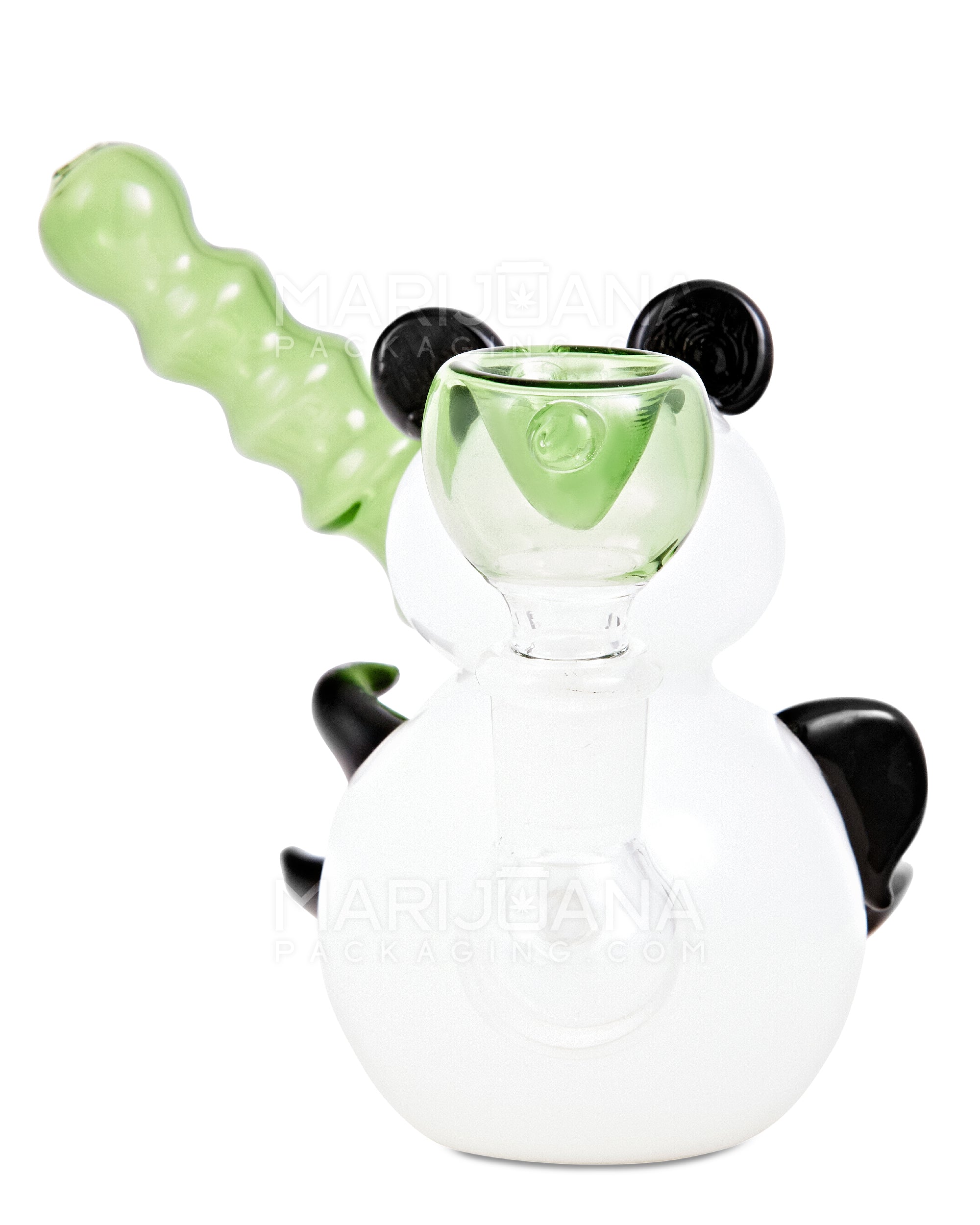 Heady | Sidecar Bamboo Neck Painted Glass Panda Water Pipe | 4in Tall - 14mm Bowl - White - 6