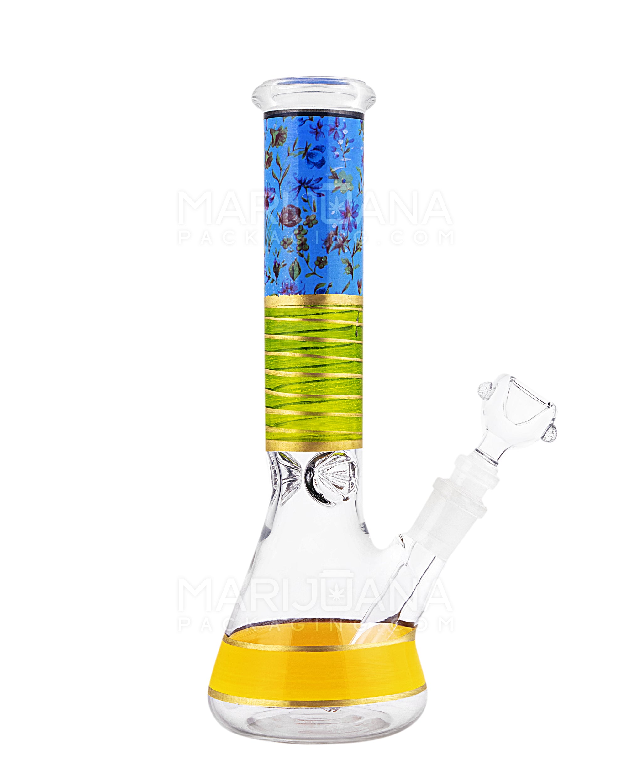 Floral Print Straight Neck Glass Beaker Water Pipe w/ Ice Catcher | 10.5in Tall - 14mm Bowl - Blue