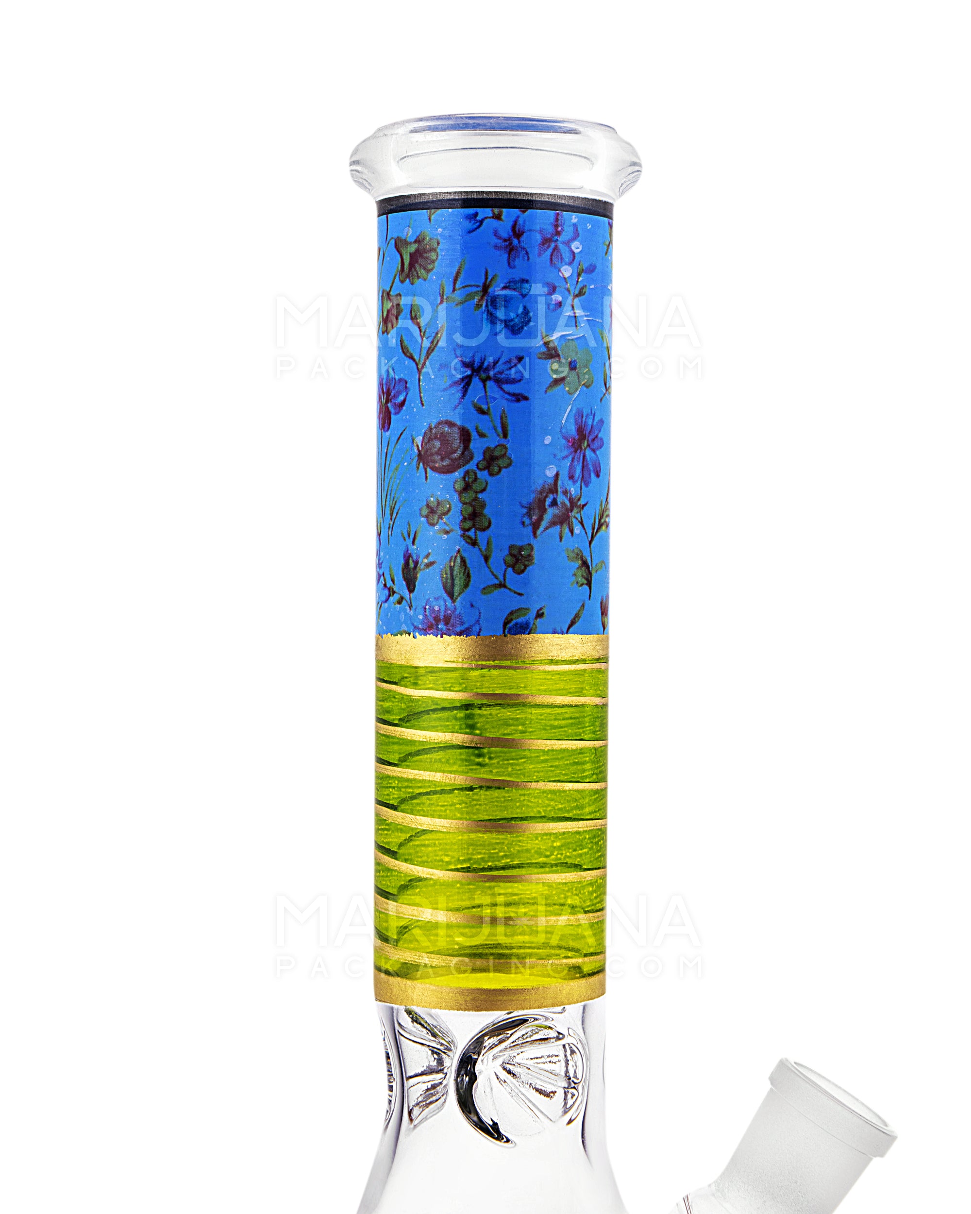 Floral Print Straight Neck Glass Beaker Water Pipe w/ Ice Catcher | 10.5in Tall - 14mm Bowl - Blue