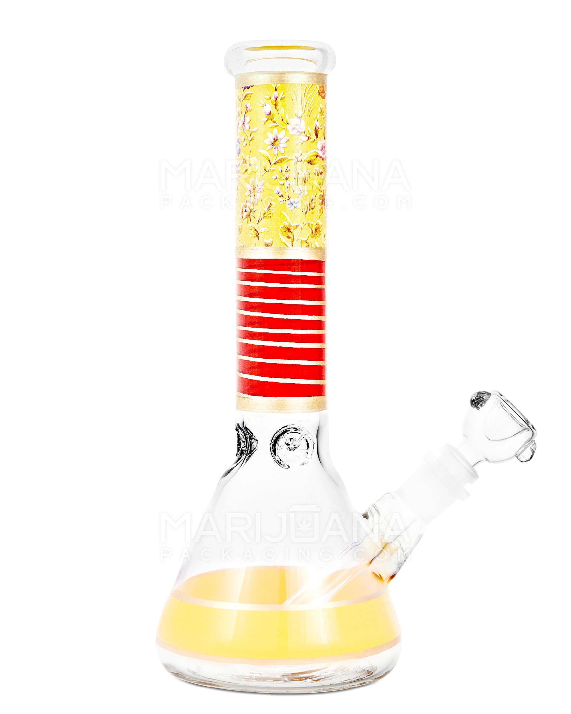 Floral Print Straight Neck Glass Beaker Water Pipe w/ Ice Catcher | 10.5in Tall - 14mm Bowl - Yellow - 1