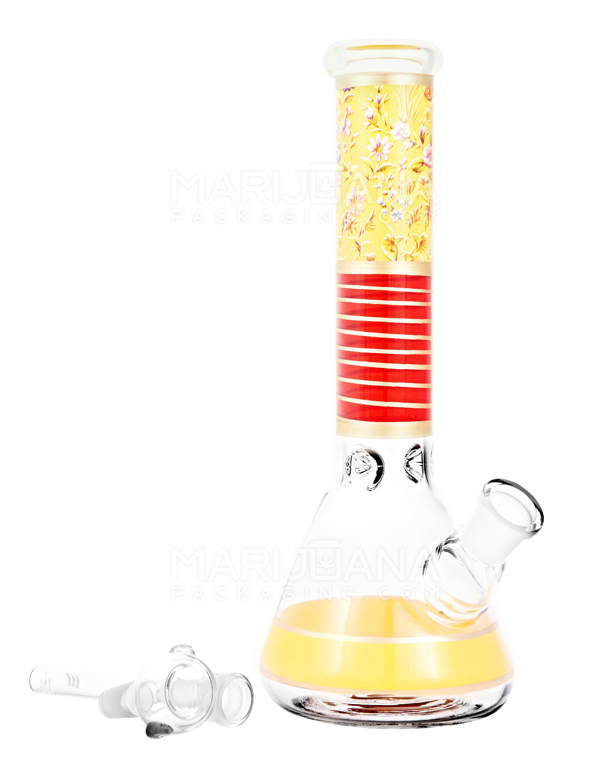 Floral Print Straight Neck Glass Beaker Water Pipe w/ Ice Catcher | 10.5in Tall - 14mm Bowl - Yellow - 2