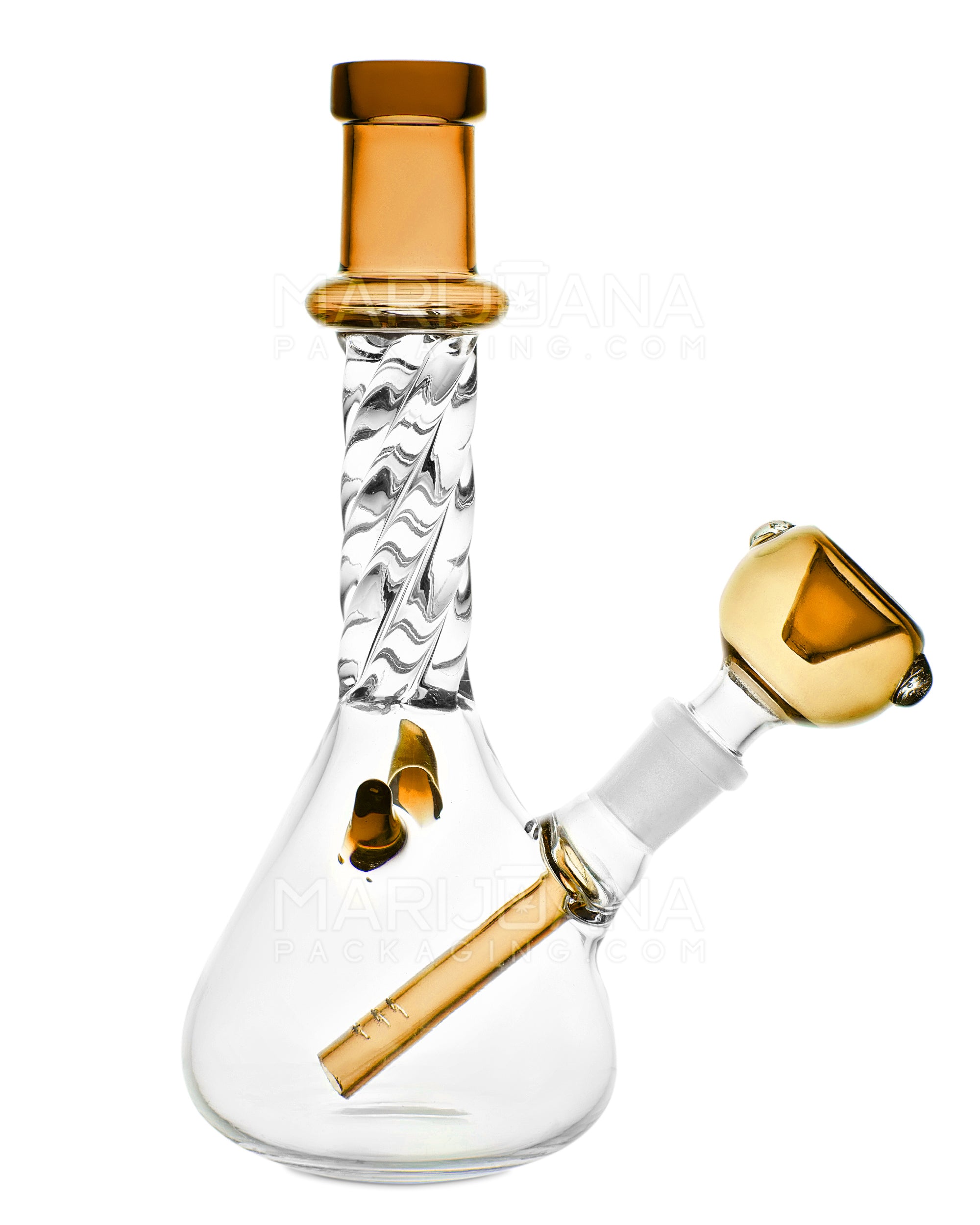 Spiral Neck Glass Beaker Water Pipe w/ Horns | 7in Tall - 14mm Bowl - Amber
