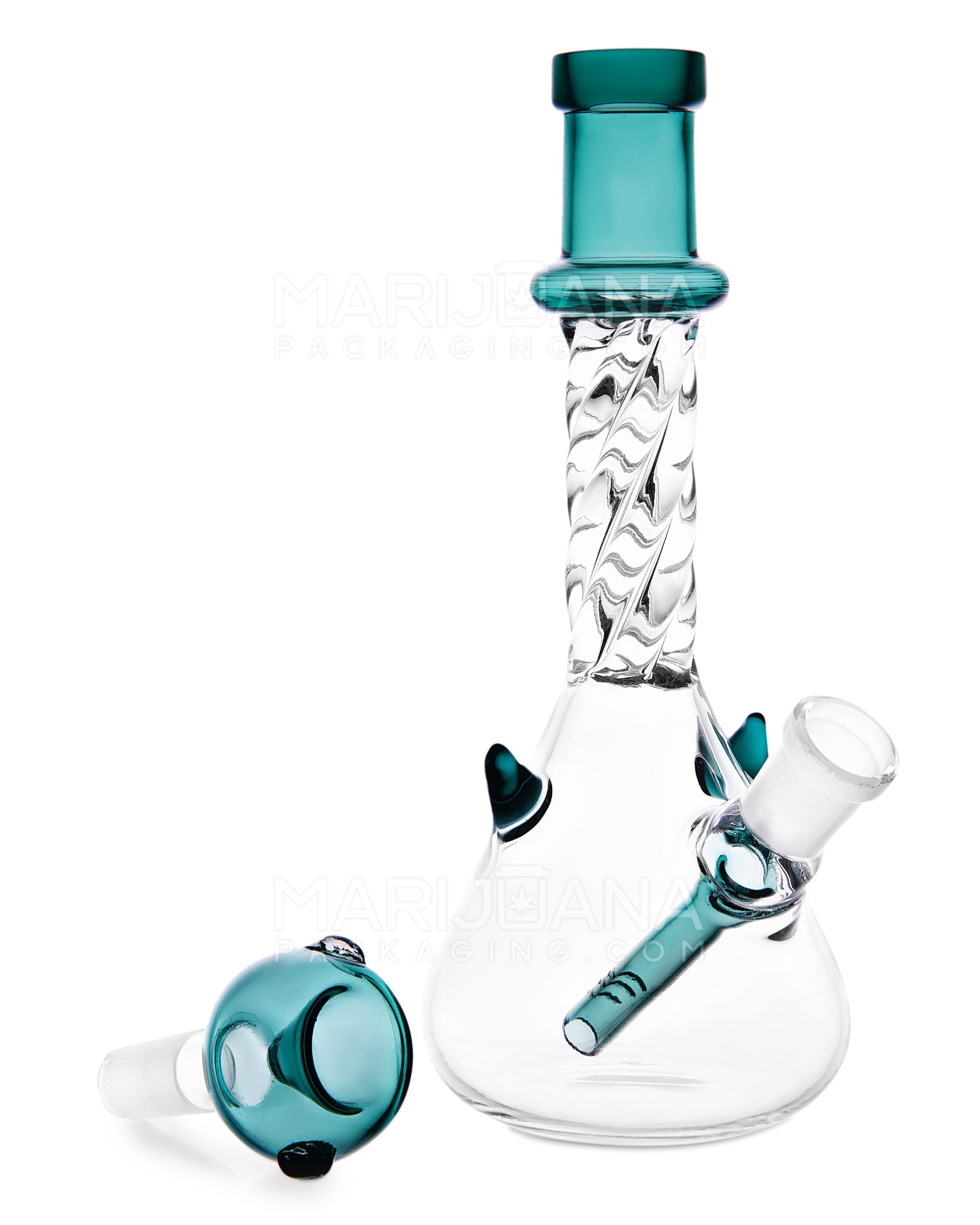 Spiral Neck Glass Beaker Water Pipe w/ Horns | 7in Tall - 14mm Bowl - Teal