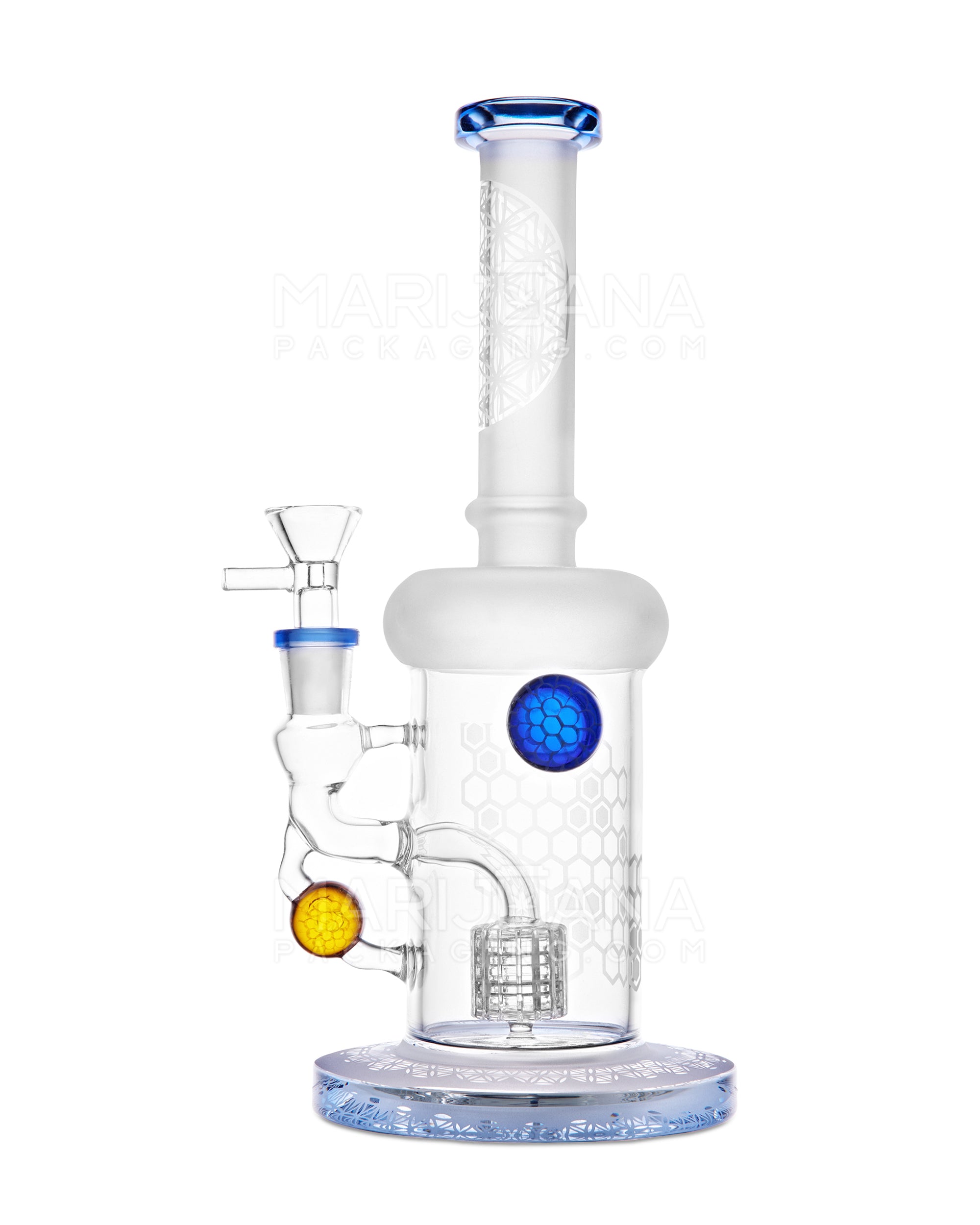 USA Glass | Straight Neck Matrix Perc Sandblasted Glass Water Pipe w/ Implosion Marbles | 11in Tall - 14mm Bowl - Blue - 1
