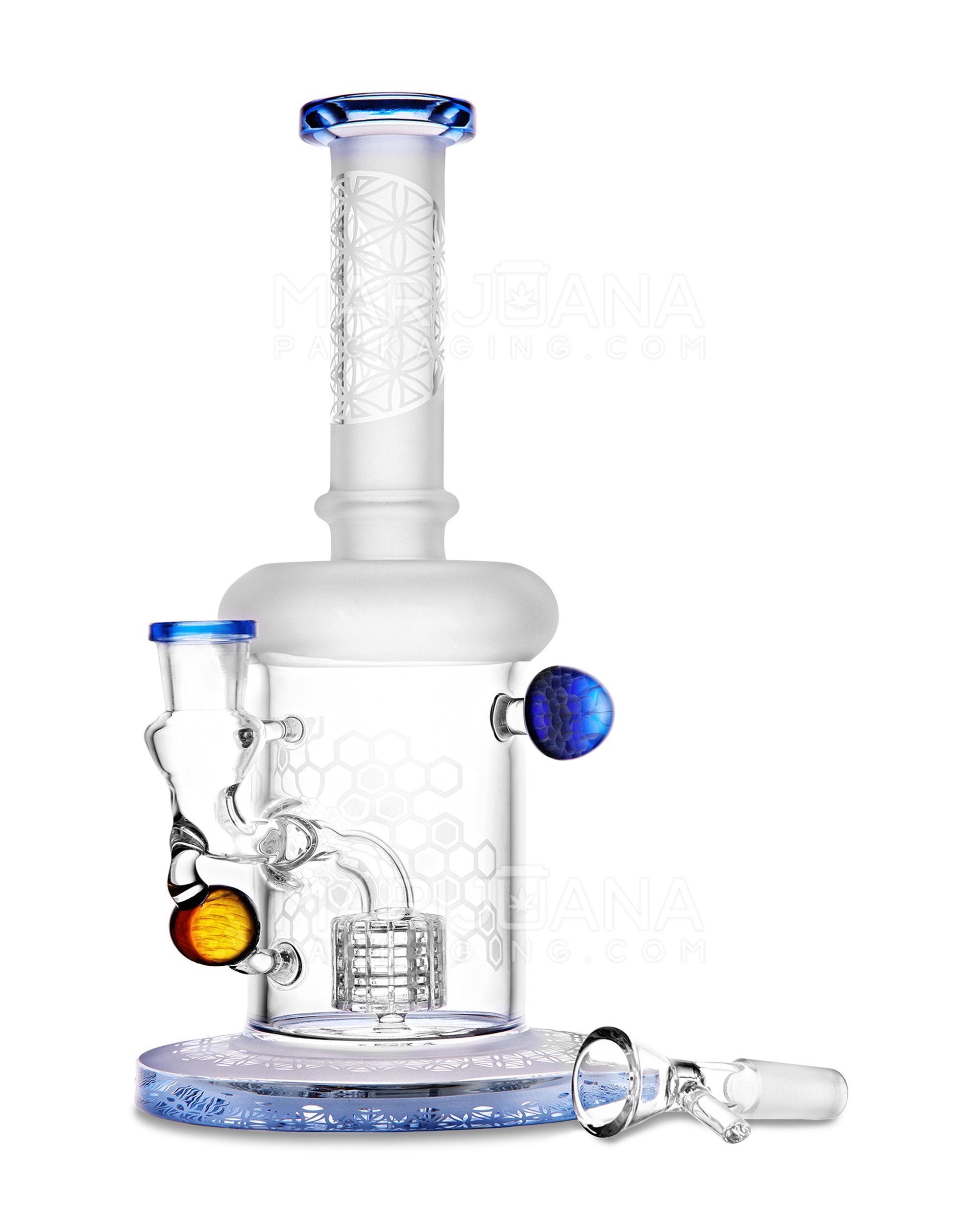 USA Glass | Straight Neck Matrix Perc Sandblasted Glass Water Pipe w/ Implosion Marbles | 11in Tall - 14mm Bowl - Blue - 2