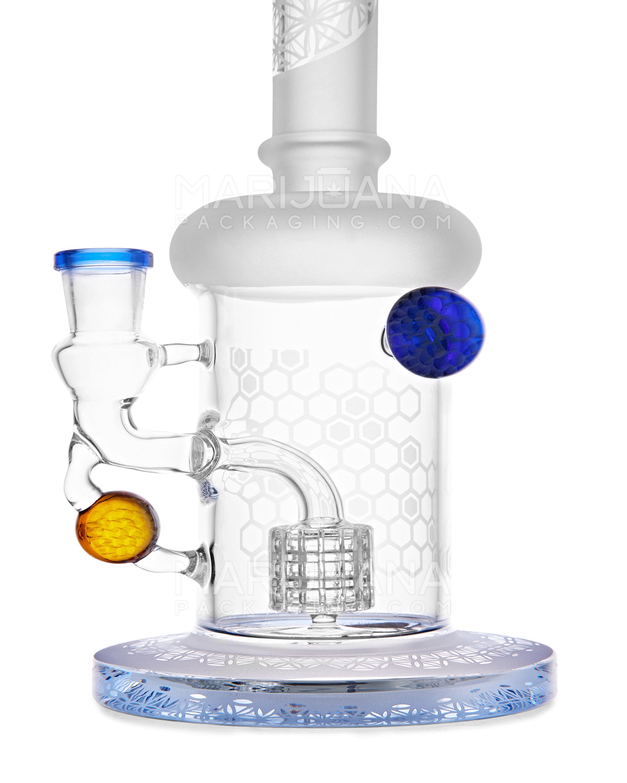 USA Glass | Straight Neck Matrix Perc Sandblasted Glass Water Pipe w/ Implosion Marbles | 11in Tall - 14mm Bowl - Blue - 3